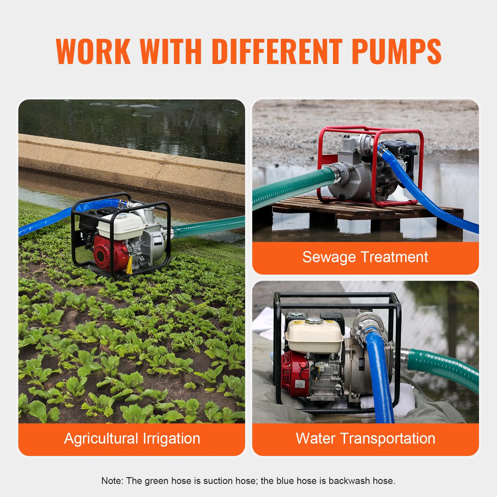VEVOR 2 in x 65 ft Blue Backwash Hose & 20 ft Green Suction Hose Kit with Steel Strainer & Camlocks - Water Pump Accessories for Pool Cleaning, Pond Maintenance & Industrial Use
