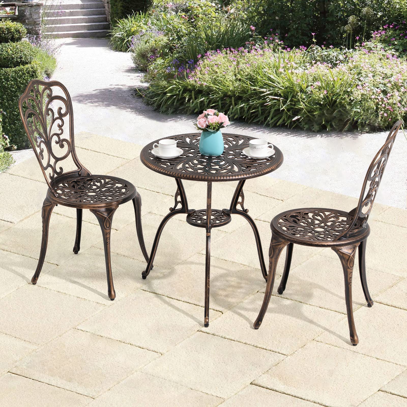 COBANA 3-Piece All-Weather Outdoor Bistro Set - Bronze Cast Aluminum Patio Dining Table & Chairs with 2” Umbrella Hole | Perfect for Garden, Balcony, Poolside & Small Outdoor Spaces