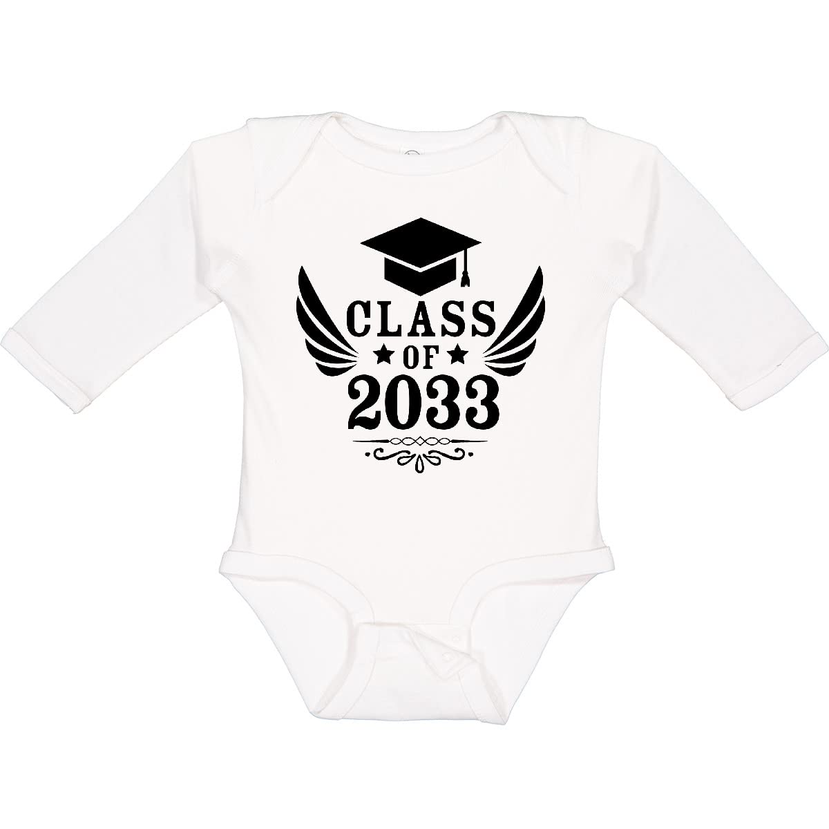Inktastic Class of 2033 Graduation Baby Bodysuit - Long Sleeve Creeper with Cap & Wings Design - Perfect for Graduation Photos, First Birthday & Milestone Celebrations