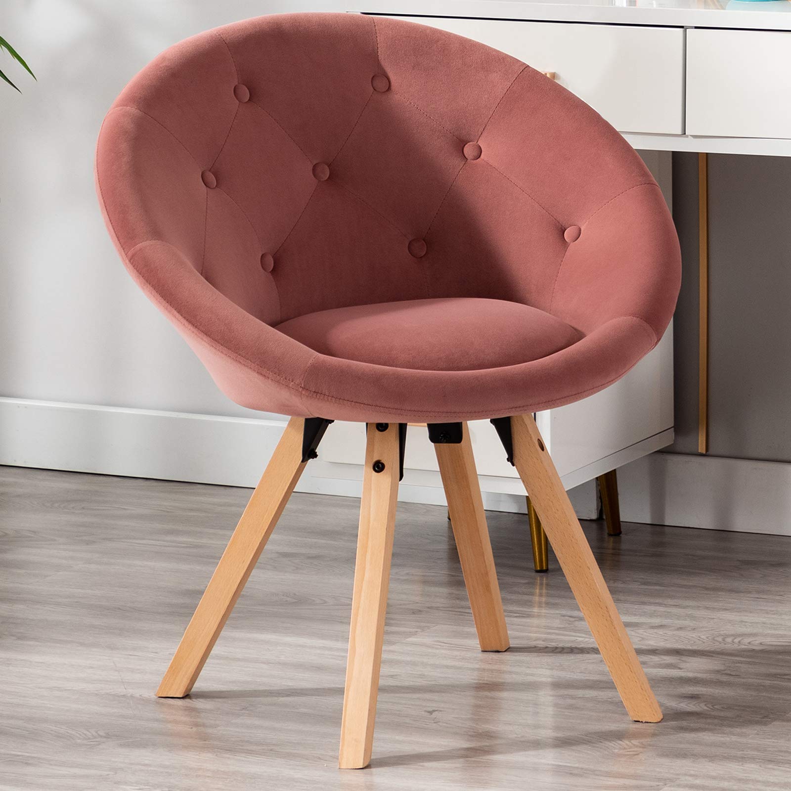 Modern Velvet Upholstered Accent Chair - Pink Mid-Century Desk Chair for Office, Vanity & Makeup Station | Wheelless Design for Home & Workspace