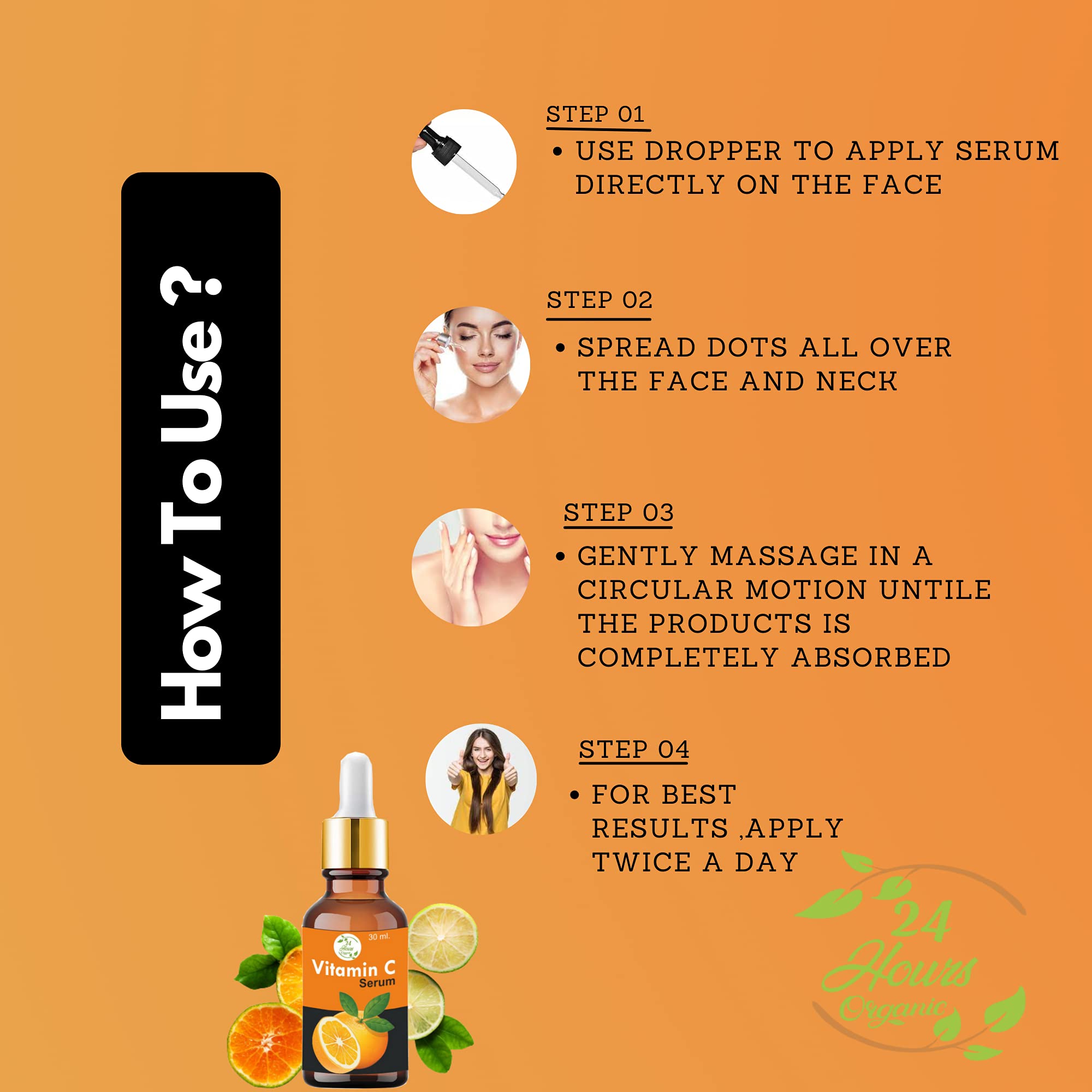 24-Hour Organic Vitamin C Serum for Glowing Skin - Brightening Face Serum with Wrinkle Reduction & Deep Hydration - 60ml - Perfect for Morning/Night Skincare Routine & Anti-Aging Treatment