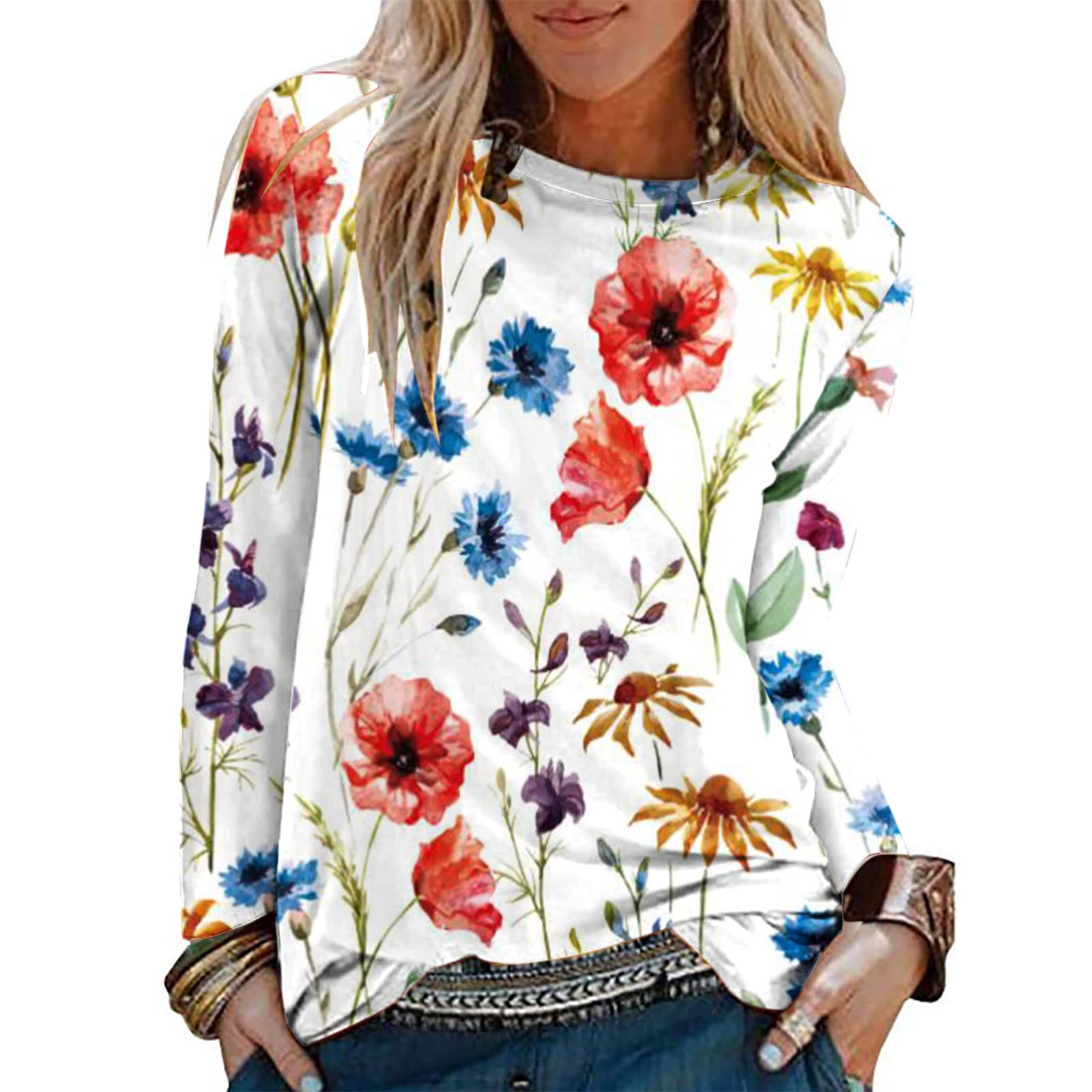 Women's Long Sleeve Graphic T-Shirt - Casual Loose Blouse with Round Neck for Fall & Autumn | Dressy Casual Tops for Work, Weekend & Everyday Wear