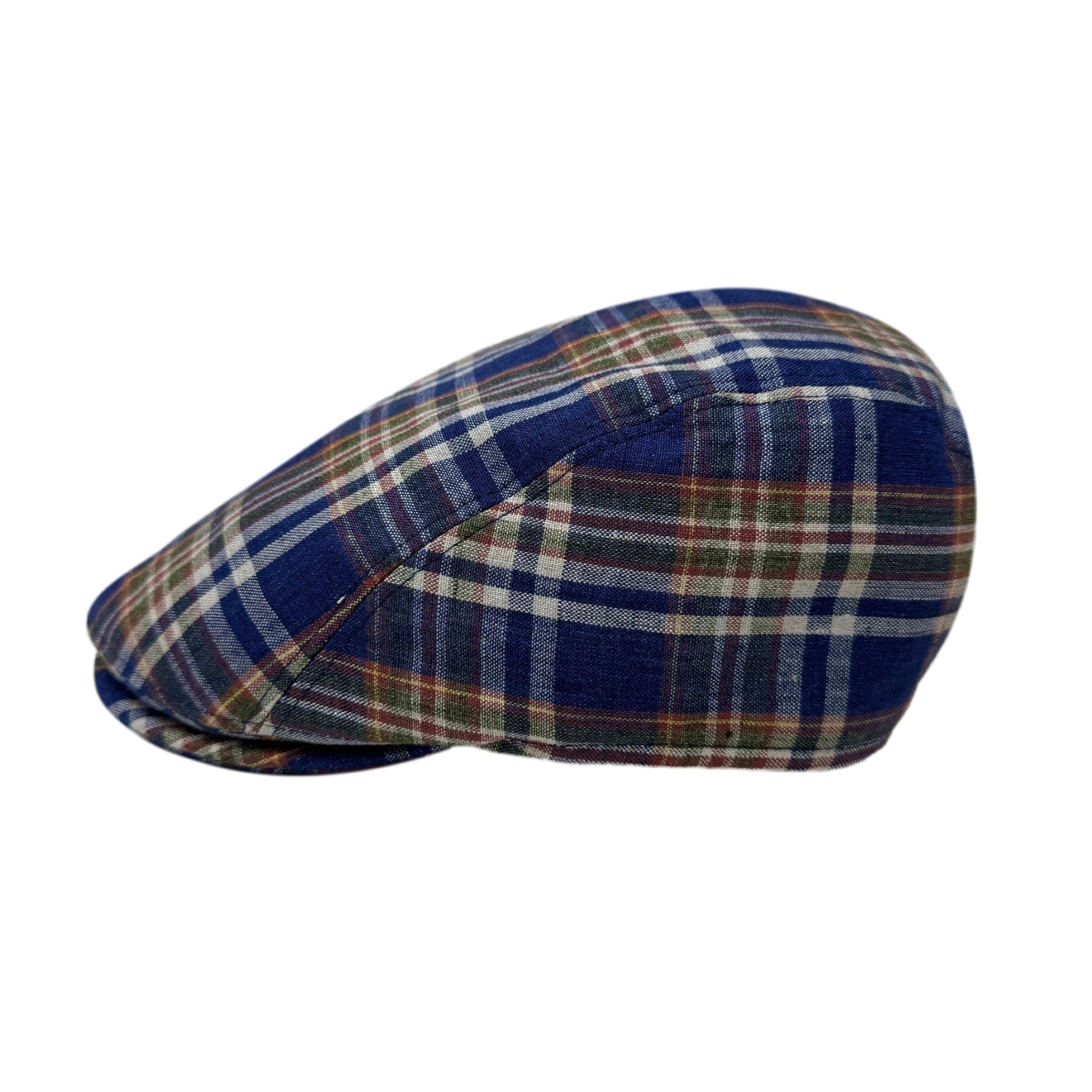 Boston Blue Plaid Linen Driving Cap for Men - Vintage Style Flat Cap for Casual Wear, Golf, Outdoor Activities
