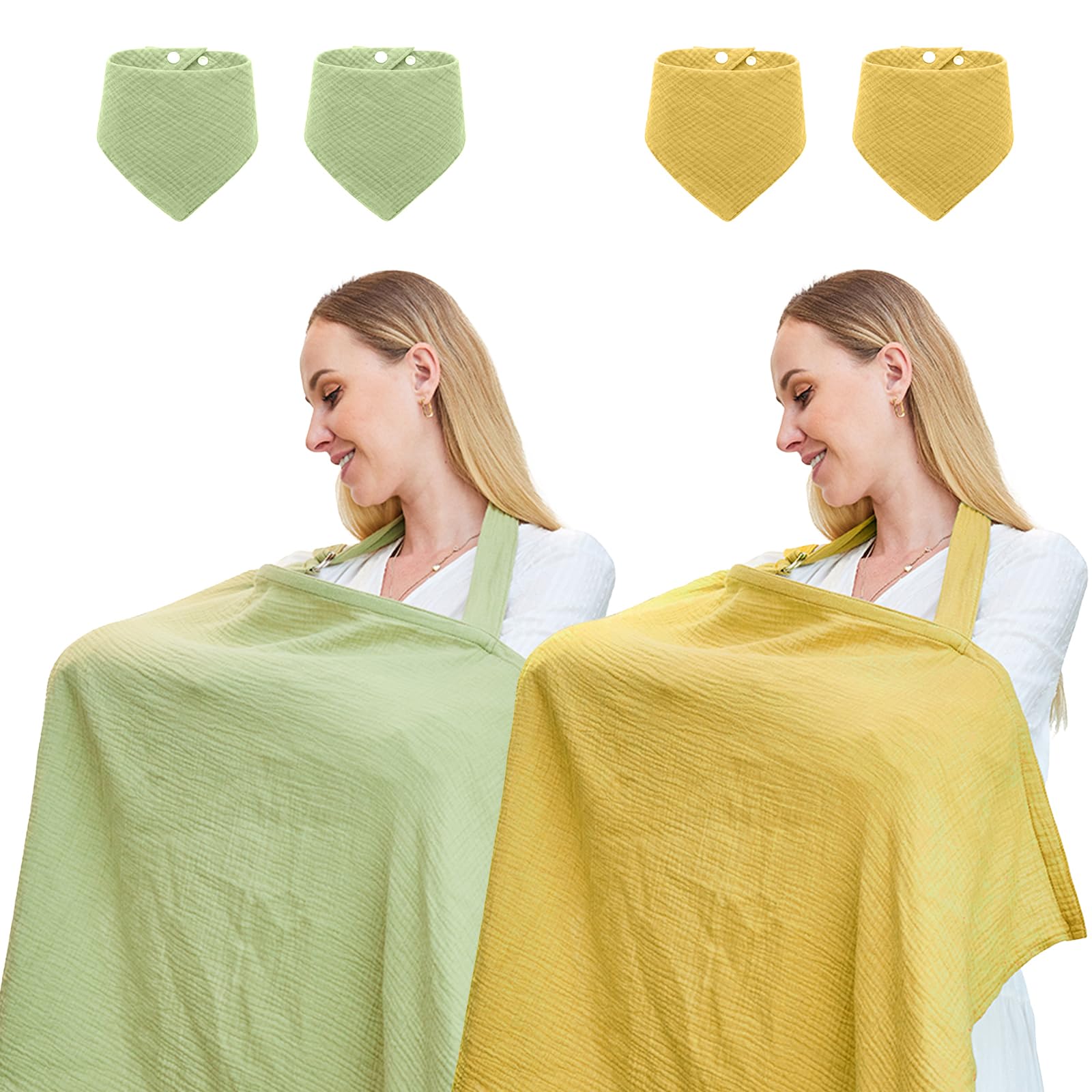 2-Pack Muslin Nursing Cover for Breastfeeding - 100% Breathable Cotton Nursing Shawl with Rigid Hoop & Soft Arch Neckline - Includes 2 Baby Bibs - Perfect for Nursing in Public, Travel, and Comfortable Breastfeeding at Home