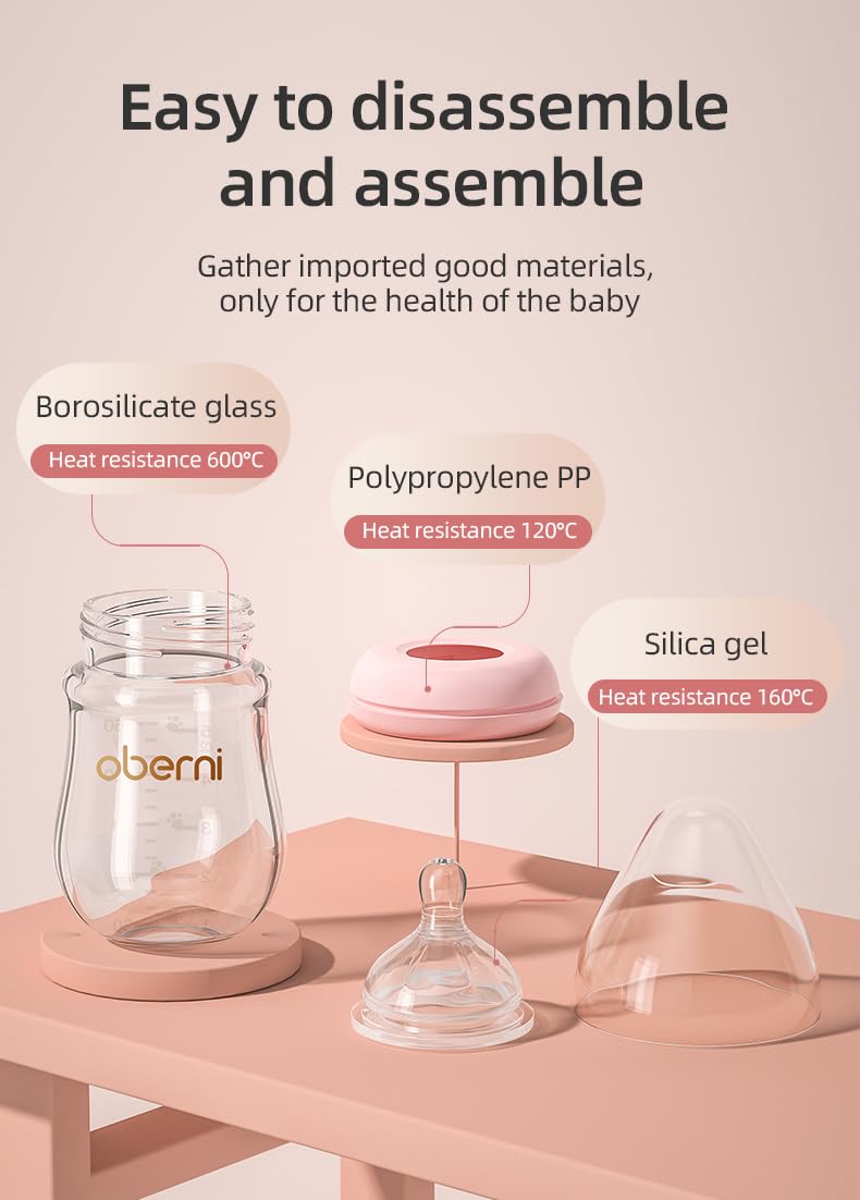 Oberni Glass Baby Bottles for Newborns 0-3 Months - 120ml/4oz Anti-Colic Infant Bottle with Natural Response Slow Flow Nipple (Pink, 1 Pack) - Perfect for Breastfeeding Transition & Gentle Feeding at Home or On-the-Go