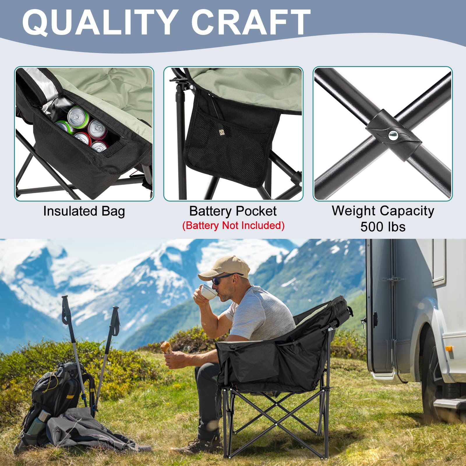 SLSY Oversized Heated Camping Chair - 500 lbs Weight Capacity, Portable Folding Heated Seat for Outdoor Sports, Camping, Picnics & Patio Use - Perfect for Winter Camping, Backyard Relaxation & Cold Weather Activities