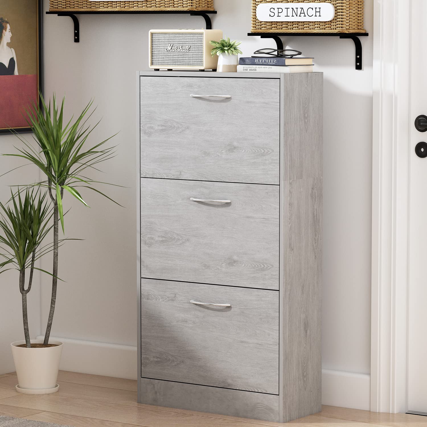 Hitow 3-Tier Shoe Storage Cabinet | Narrow Freestanding Shoe Rack with Flip Drawers & Adjustable Shelf | Space-Saving Entryway Organizer for Small Spaces | Grey (22.4