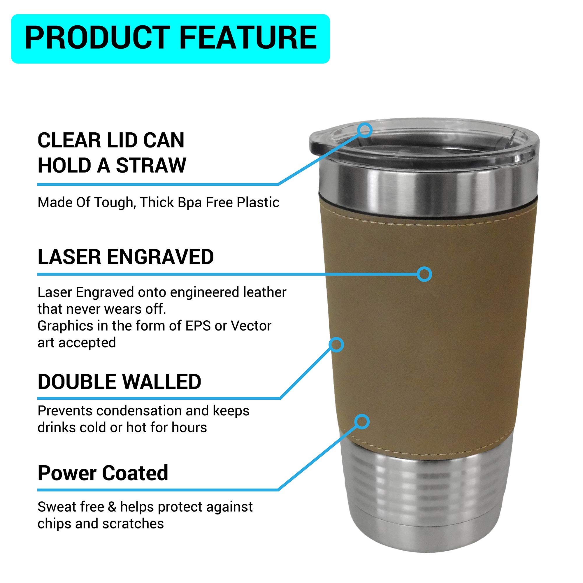 Premium 20oz Stainless Steel Vacuum Insulated Tumbler with Leather Wrap - Ideal for Guitarists & Music Lovers (Black) - Perfect for Music Practice, Concerts & Outdoor Adventures