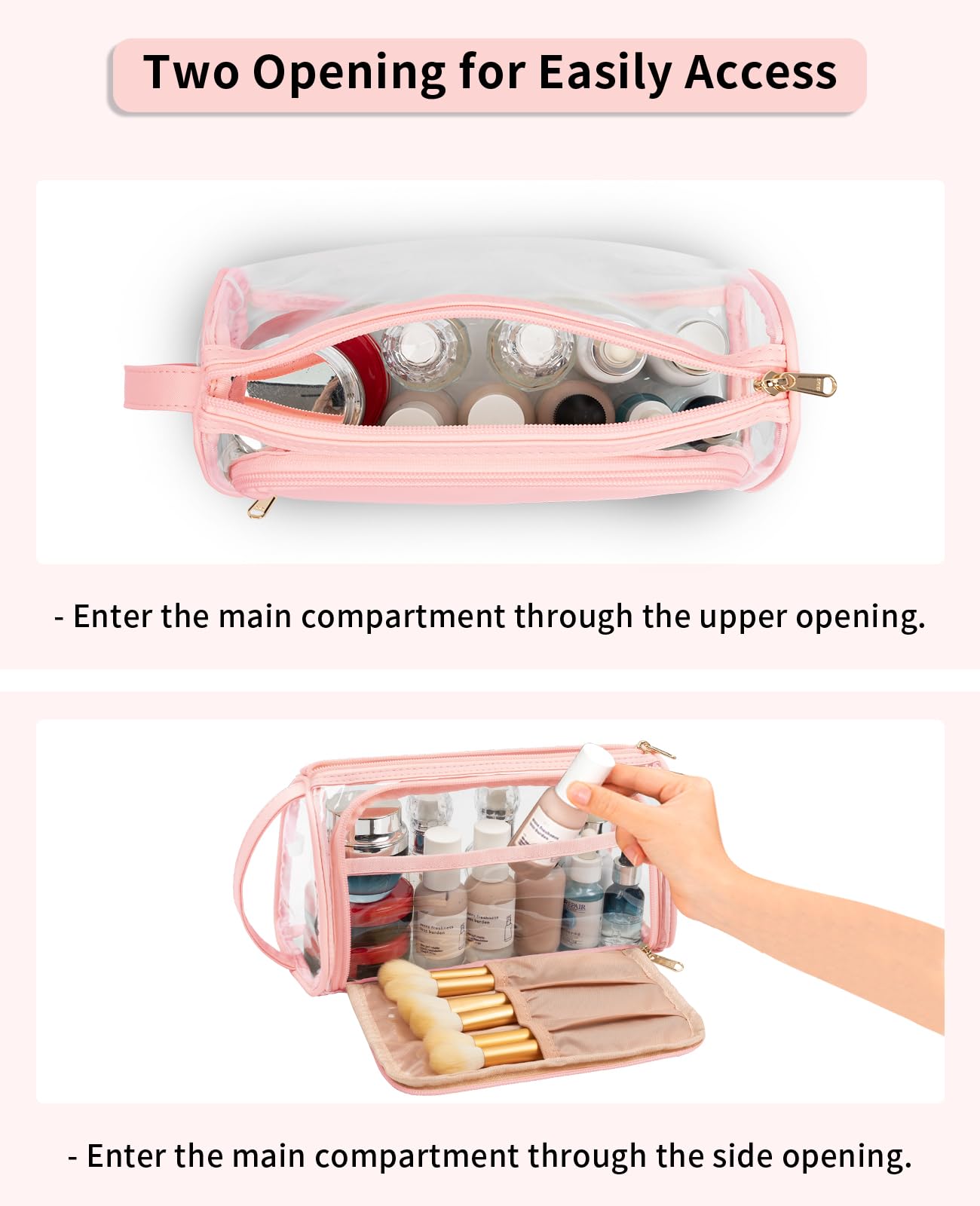 Clear Makeup Bag with Brush Compartment - Water-resistant Toiletry Organizer for Travel & Daily Use