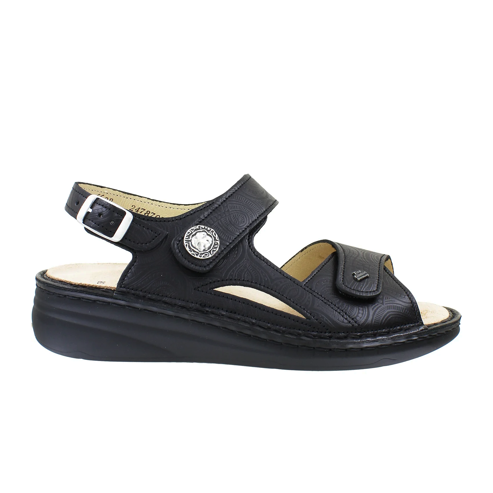 Finn Comfort Barbuda Backstrap Sandal for Women - Black Arabesque Leather Sandals | Comfortable Arch Support, Adjustable Straps | Perfect for Walking, Travel & Summer Outfits