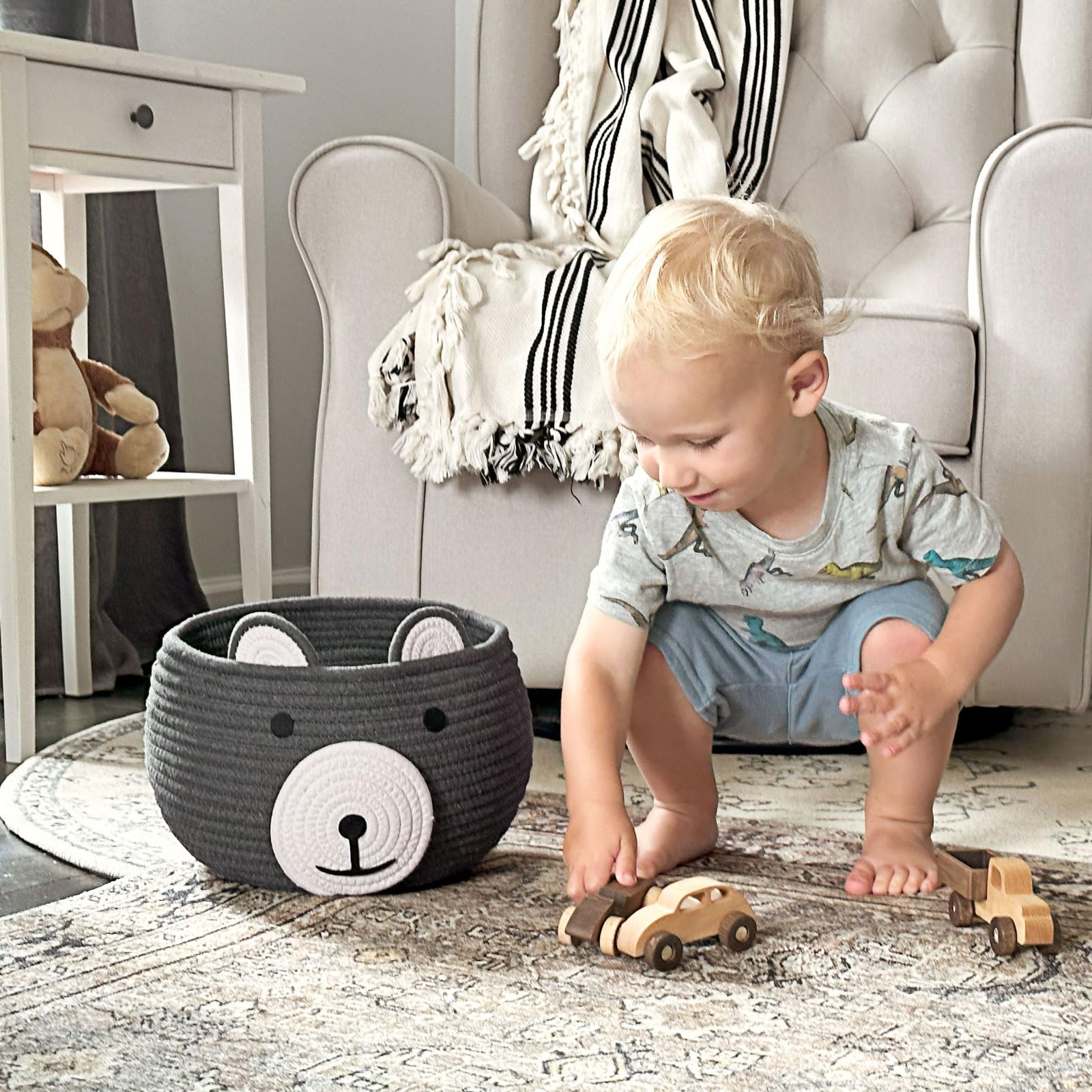 CherryNow Baby Basket - Nursery Bear Gift Basket for Kids & Baby Showers - Grey Cotton Rope Storage for Toys & Essentials