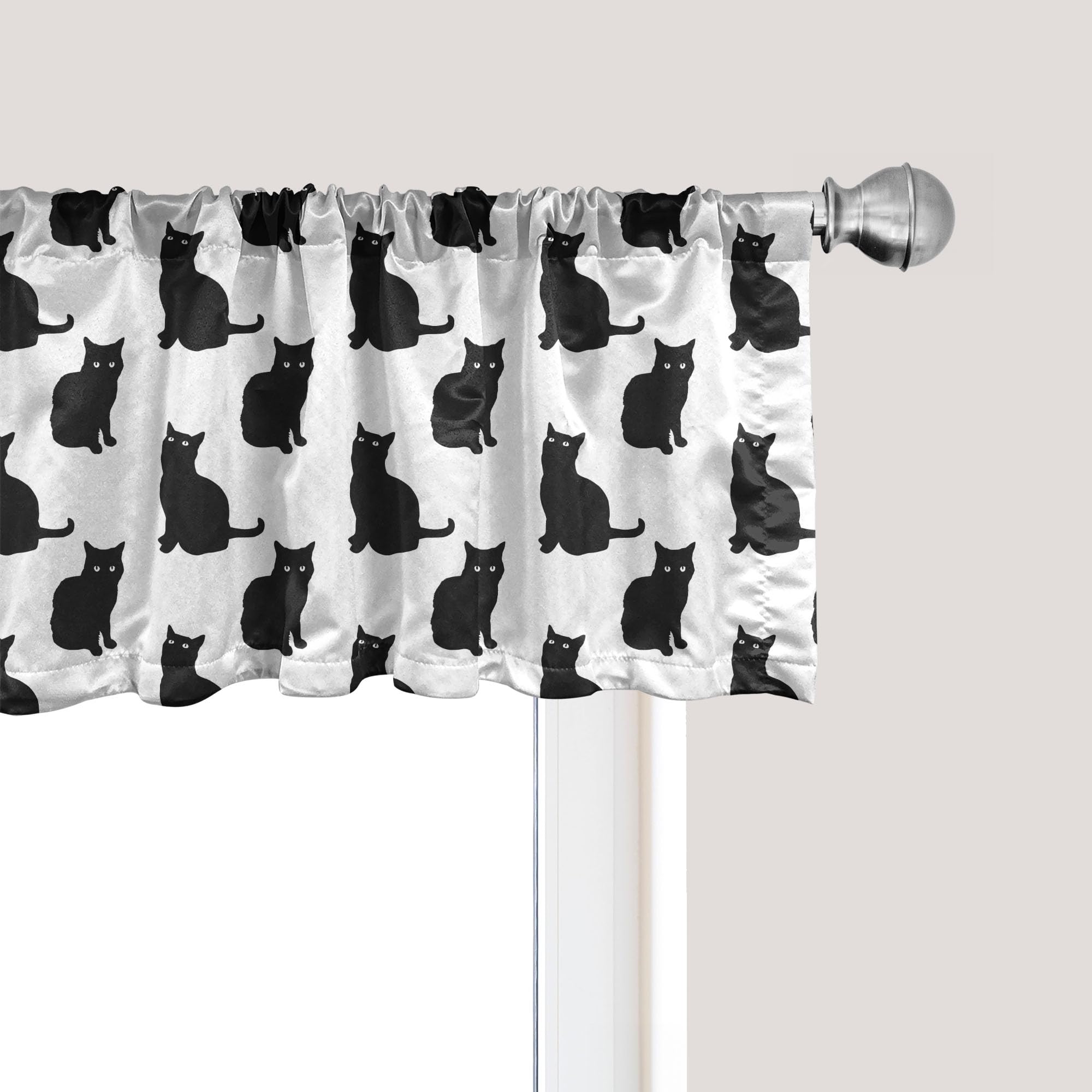 Ambesonne Black Cat Window Valance - Playful White Backdrop Animal Design, Rod Pocket Kitchen & Bedroom Curtain (54x12 Inches) - Perfect for Pet Lovers' Home Decor & Cozy Living Spaces