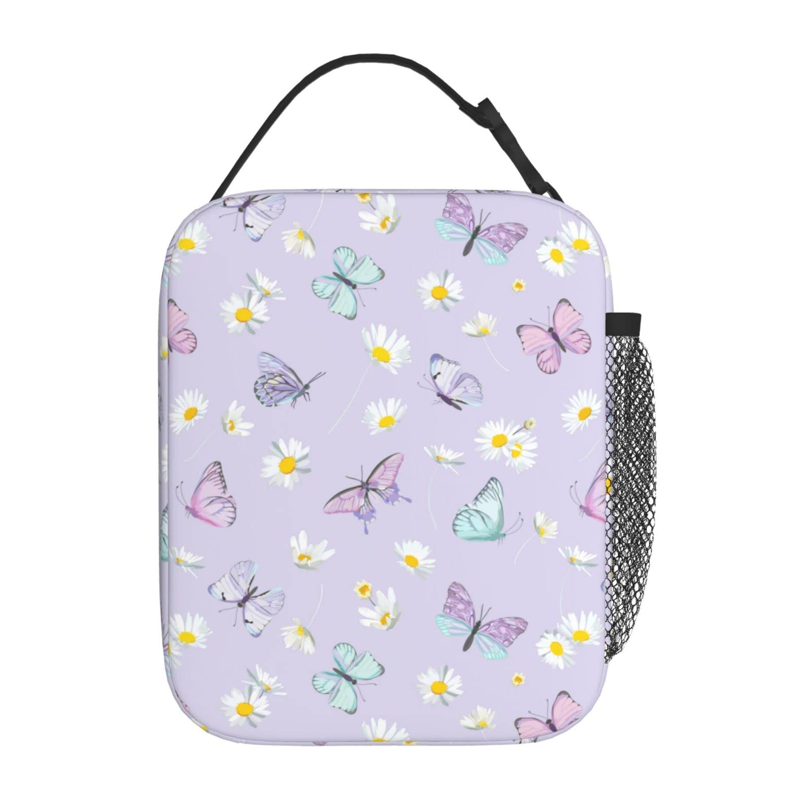 SUPLUCHOM Insulated Lunch Bag for Women & Girls - Purple Butterfly Daisy Flower Design, Reusable with Side Pocket, Perfect for Work, School, Picnic, Hiking & Day Trips - BPA Free & Durable (Ages 3+)