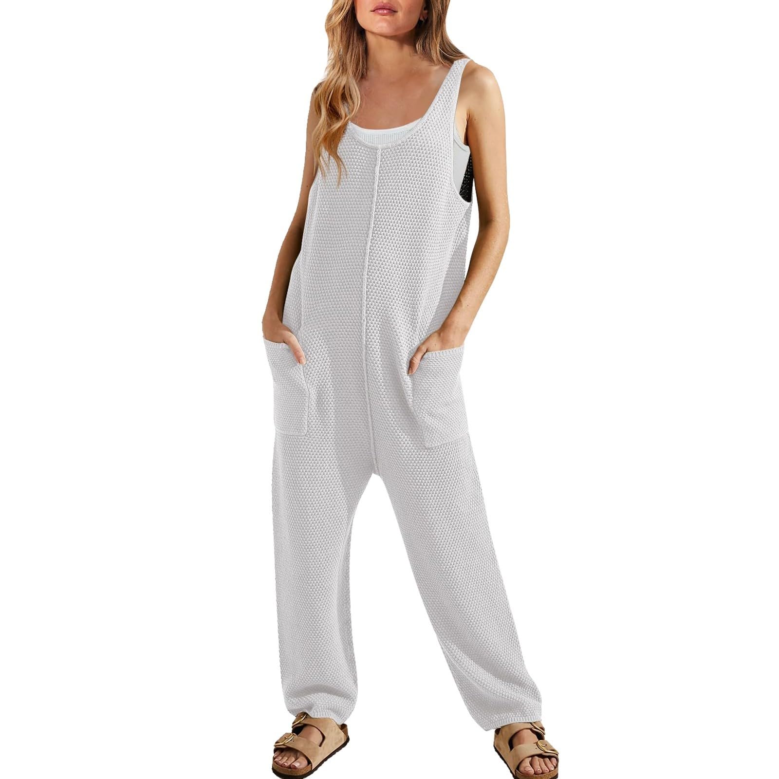 Women's Casual Ribbed Knit Jumpsuit - Sleeveless Romper with Long Pants for Loungewear, Pajamas & Home Comfort | Perfect for Relaxing, Lounging and Sleepwear
