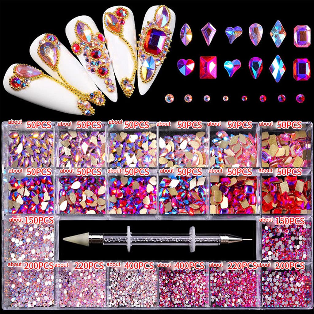Professional Nail Art Rhinestones Kit - 3100pcs Multi-Shaped Glass Crystal AB Flatback Gems for Nail Design, DIY Crafts & 3D Nail Art | Non-Hotfix Mix Sizes Rhinestones for Salon, Home Manicure & Party Nail Decorations