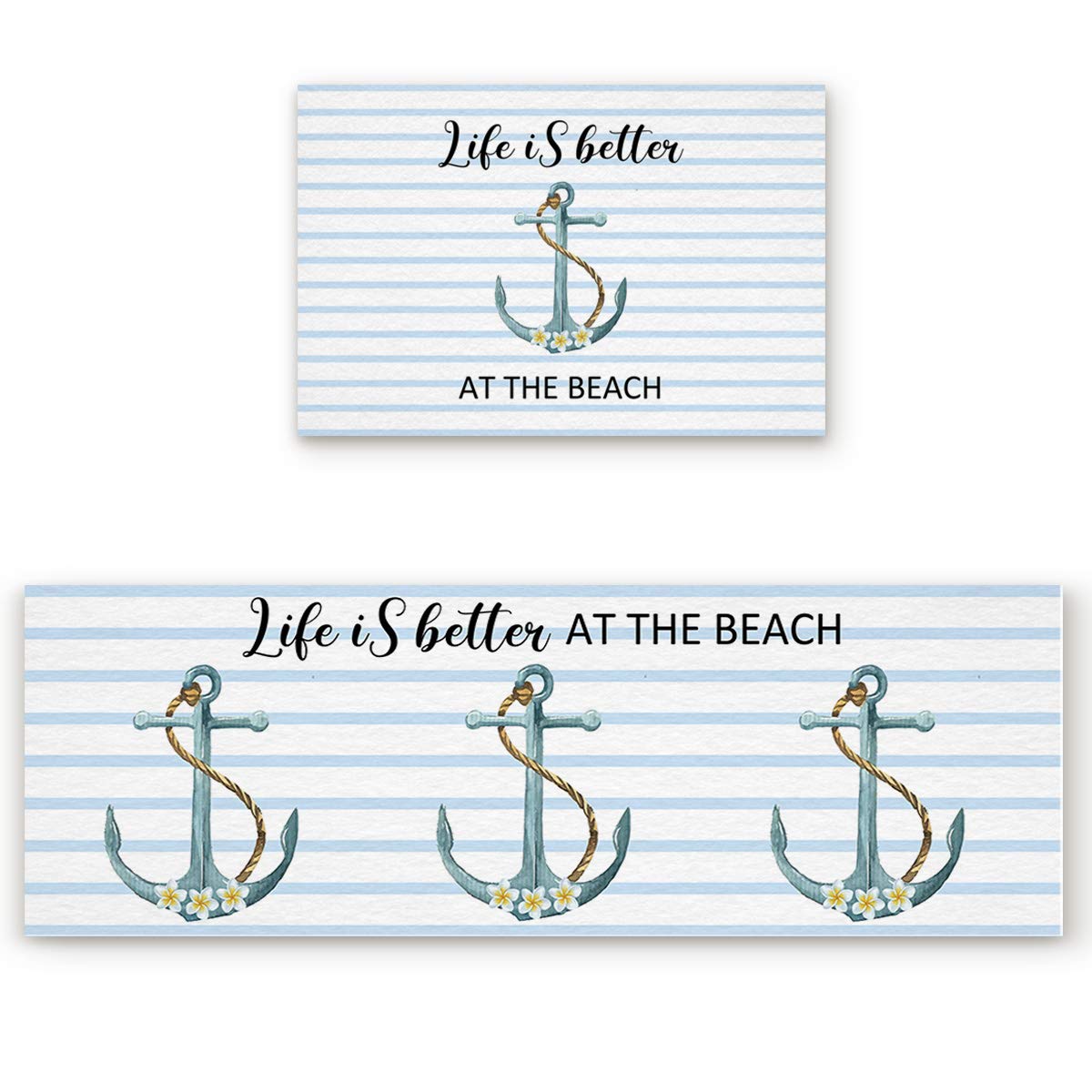 Non-Slip 2-Piece Kitchen Rug Pad Set - Cushioned Doormat with Ocean Anchor Floral & Blue Stripes Design | Perfect for Beach House, Kitchen, Living Room & Bedroom Floor Decor