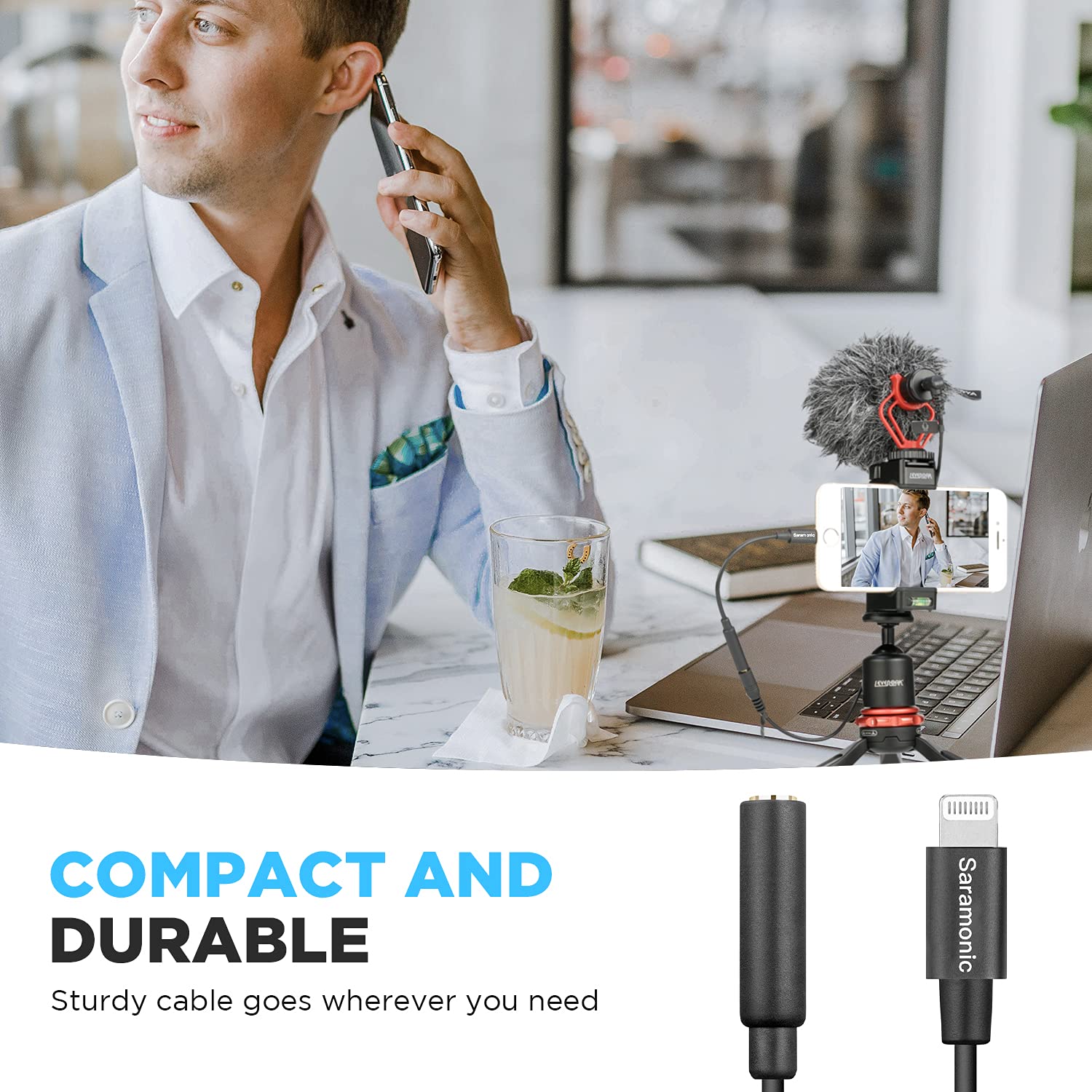 Saramonic SR-C2002 MFi Certified 3.5mm TRRS to Lightning Female Adapter Cable (6cm) - Compatible with iPhone, iPad, Smartphones & Tablets - Perfect for Car Audio, Home Theater & Mobile Recording