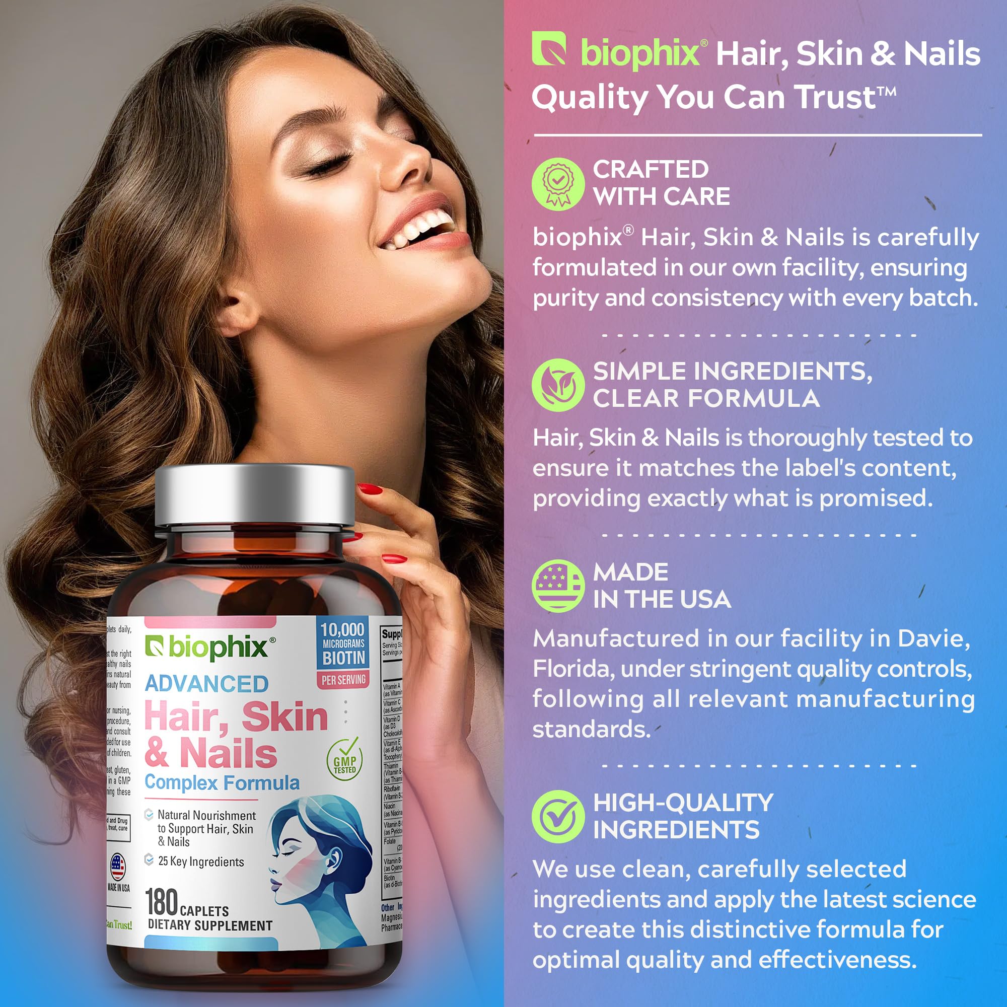 Biophix Hair Skin and Nails Complex 180 Caplets with 10,000 mcg Biotin - Multivitamin Supplement for Strong Nails, Healthy Hair & Skin, Anti-Aging Support - Perfect for Daily Beauty & Wellness Routine