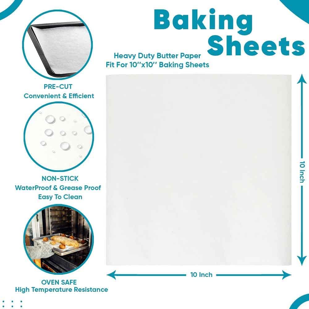 100-Sheet Butter Paper for Baking - Includes 2 Free Sheesham Wood Spatulas (10 Inch) | Non-Stick Parchment Paper for Cakes, Cookies, Roti & Paratha Wrapping | Perfect for Home Baking & Indian Cooking (10x10 Inch)