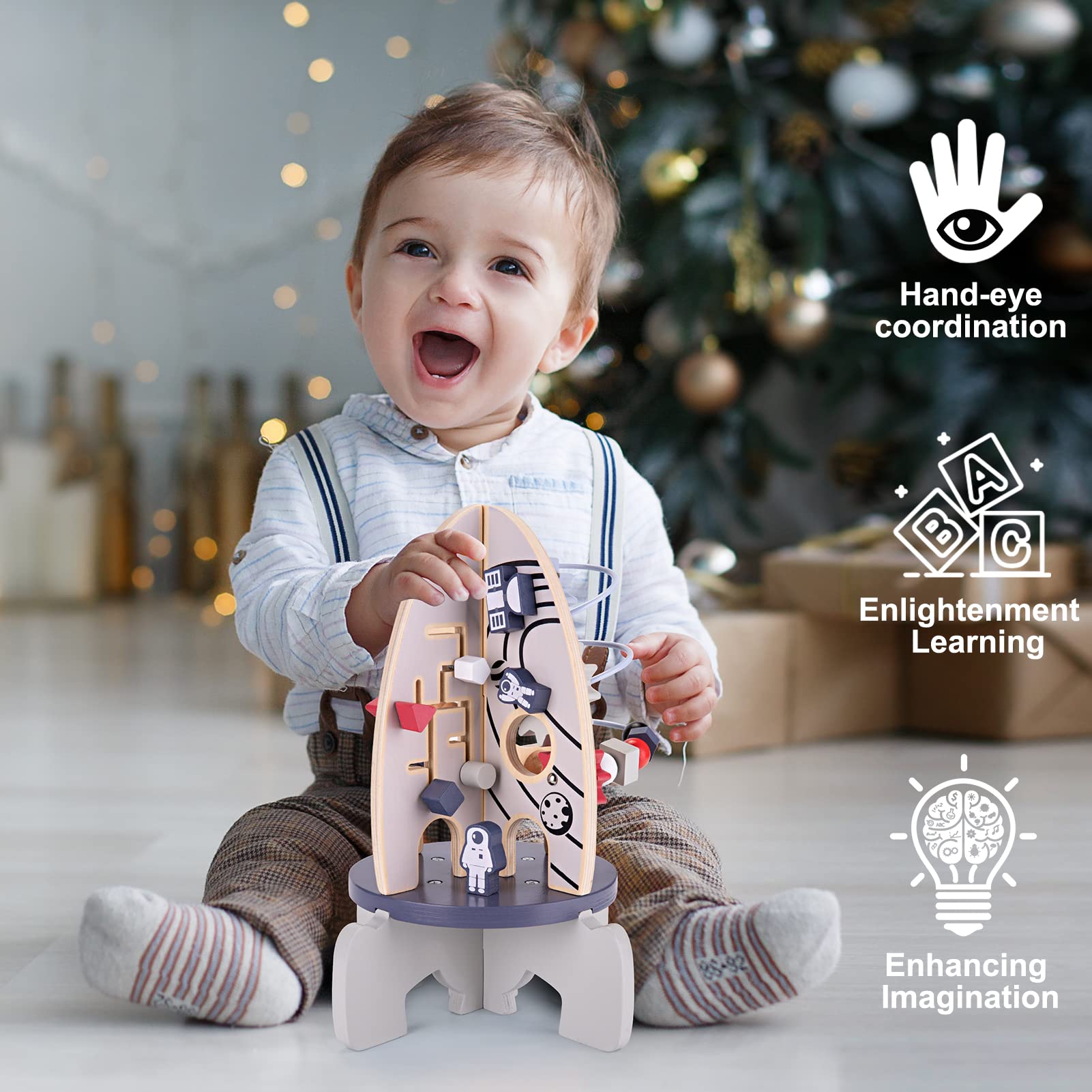 Montessori Wooden Activity Cube Toy for 1 Year Old Boys & Girls - Educational Sensory Busy Board with Rocket Design - Perfect 1st Birthday Gift for Babies 6-18 Months | Ideal for Early Learning, Fine Motor Skills Development & Toddler Playtime