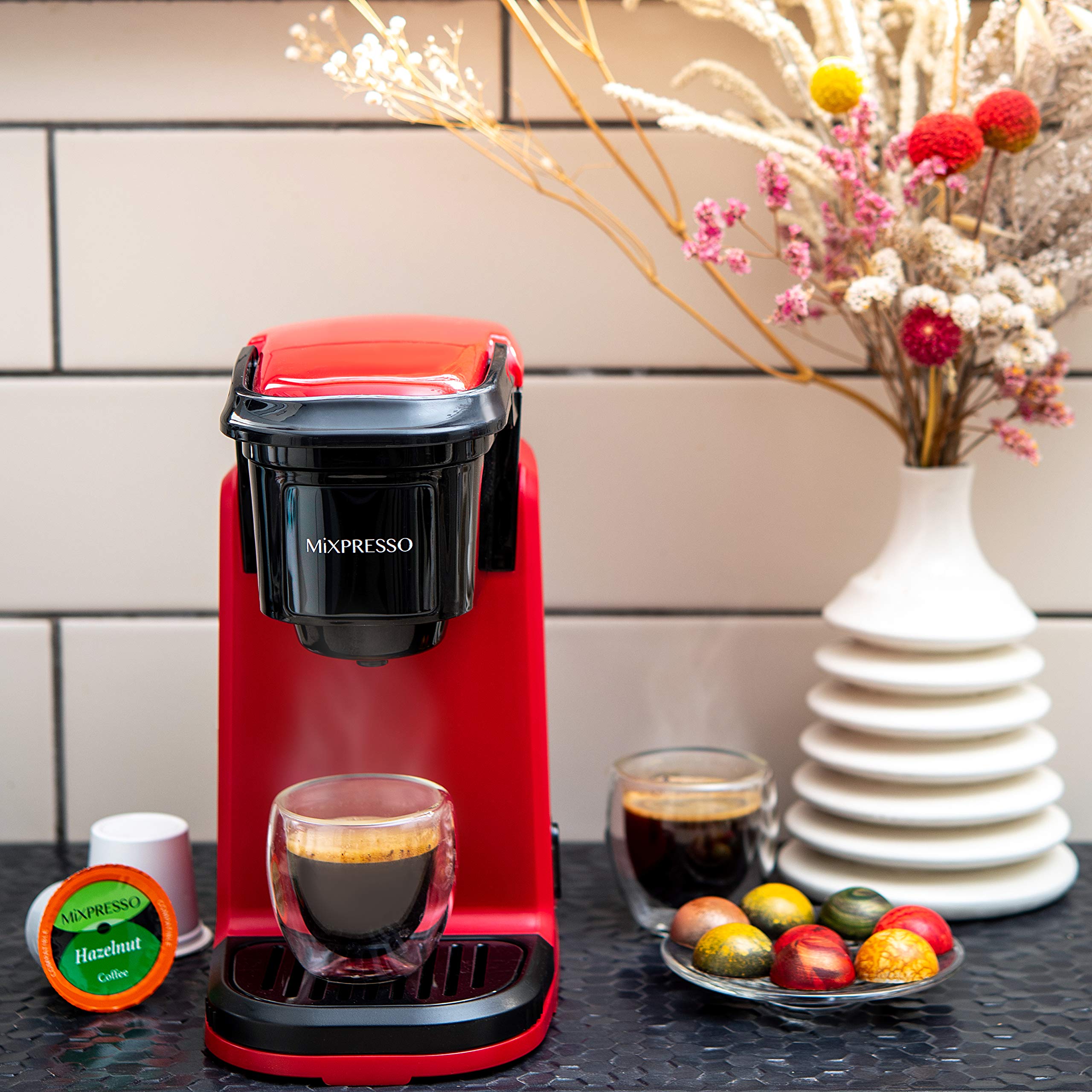 Mixpresso Single Serve Coffee Maker - 12oz Personal Coffee Brewer with Quick Brew Technology & One-Touch Function, Compatible with Single-Cup Pods - Perfect for Home, Office, or Travel Use