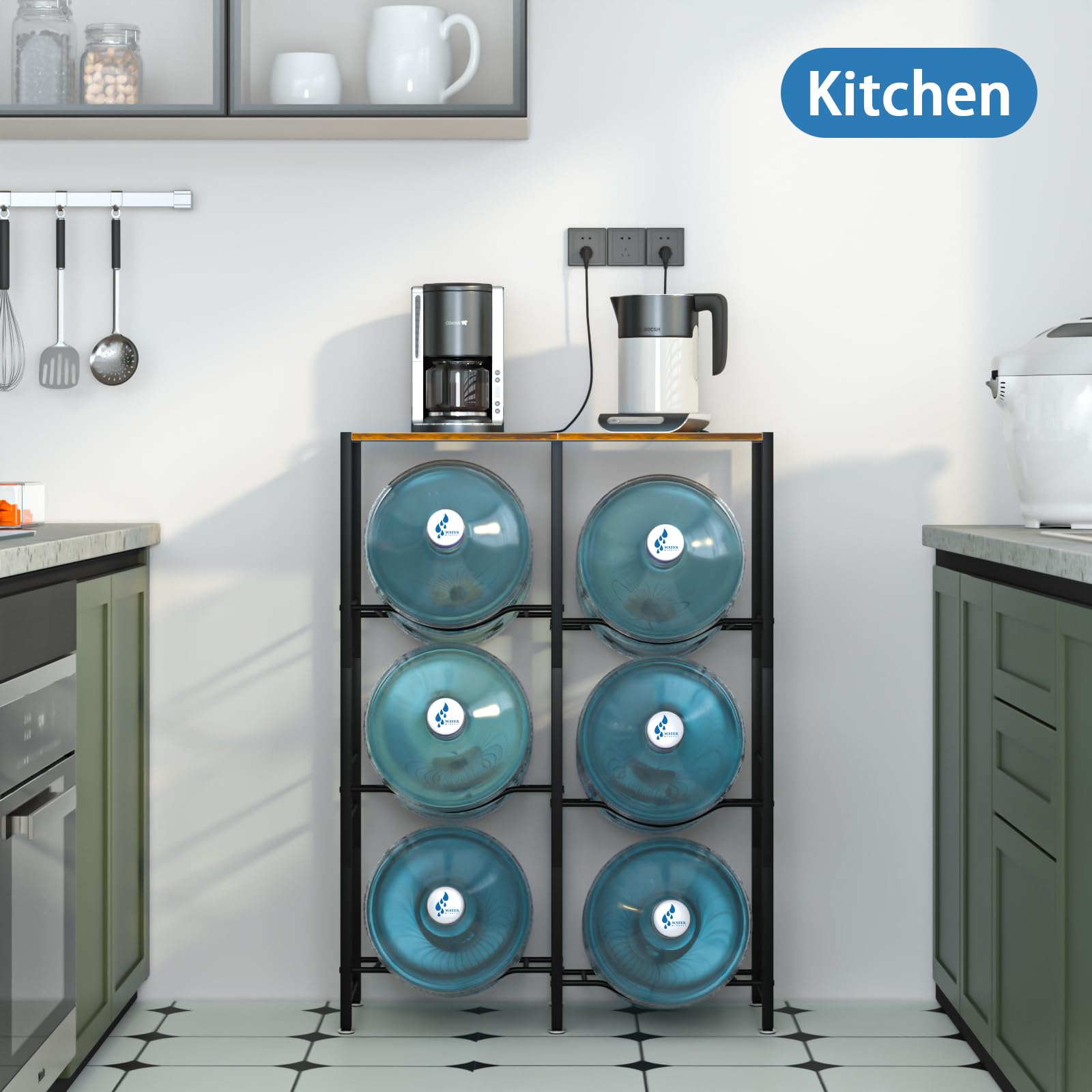 5 Gallon Water Jug Holder with Storage Rack - 3-Tier Water Dispenser Stand for Kitchen, Office, Living Room - Sturdy Brown Water Bottle Organizer for Home & Commercial Use