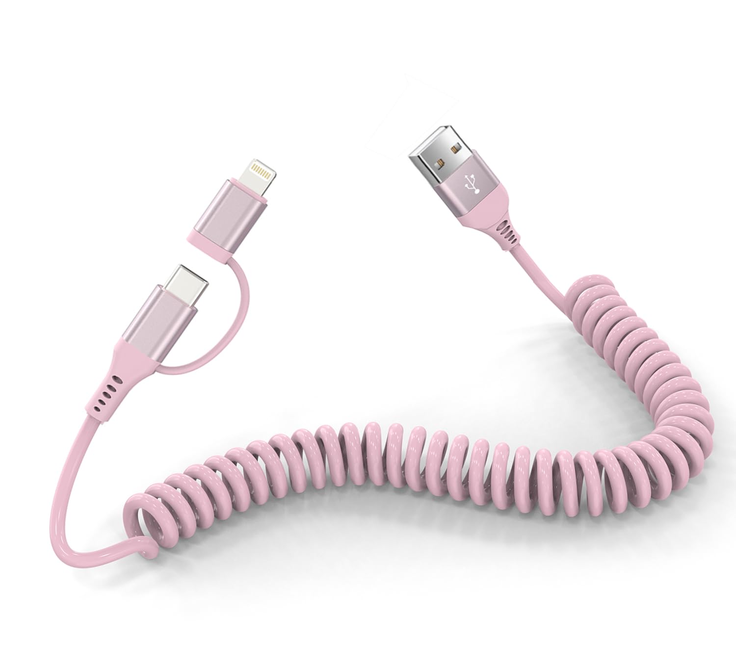 Pink Retractable Car Charger Coiled Lightning Cable - 2 in 1 MFi Certified Fast Charging Cable for iPhone & USB C Devices (3A Quick Charge, Data Sync) - Perfect for Apple CarPlay & Android Auto in Cars, Trucks & RVs