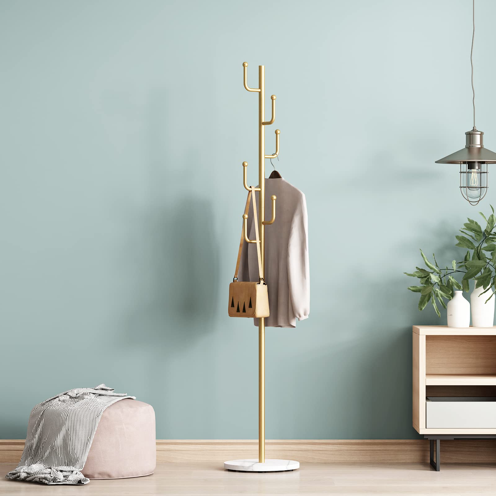 Vintage Gold Coat Rack Stand with 6 Hooks - Modern Free-Standing Cactus Design Coat Tree with Marble Base for Hats, Jackets & Accessories | Perfect for Bedroom, Office, Entryway & Hallway Organization