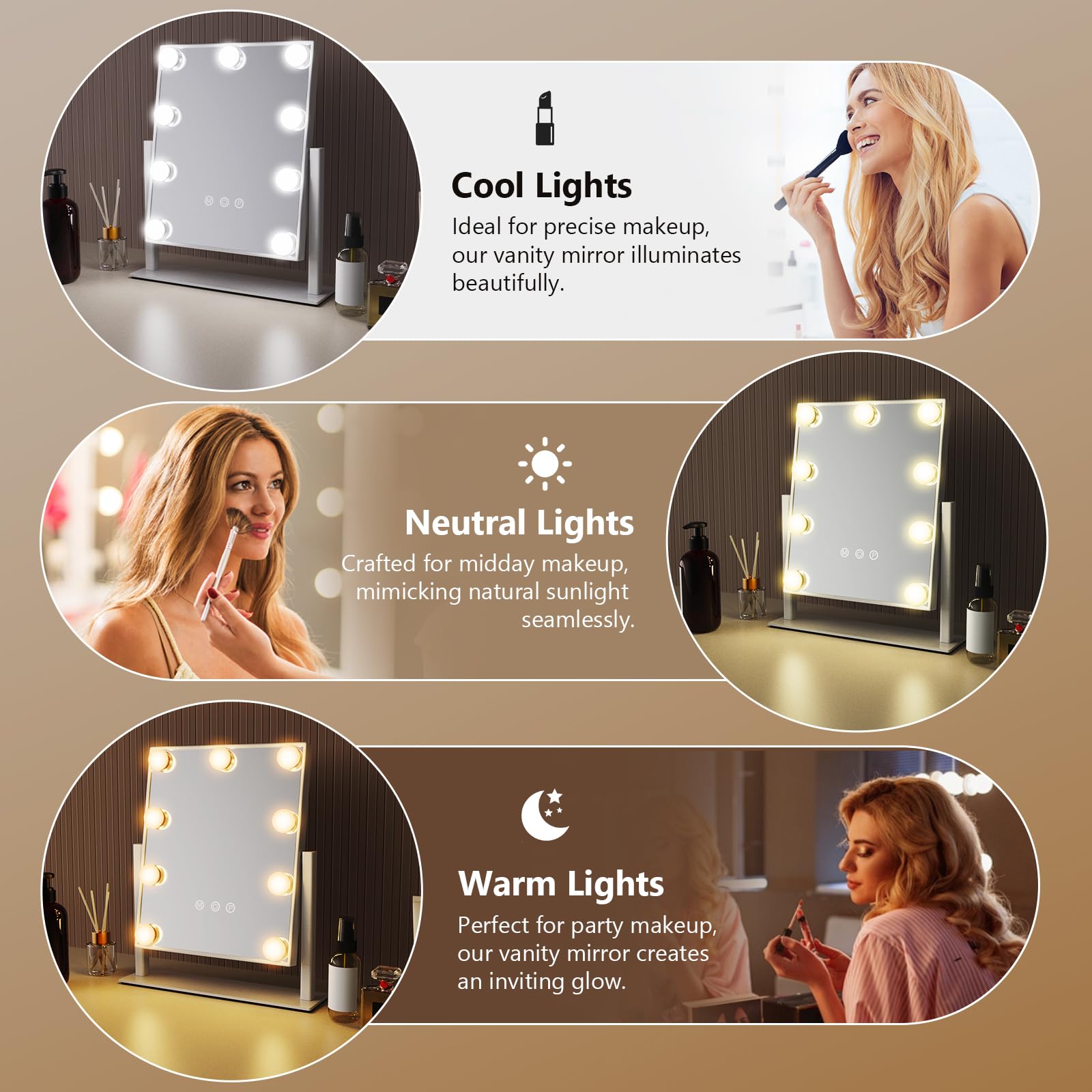 Hollywood LED Vanity Mirror with Touch Control - 9 Lights, 3 Colors for Makeup & Dressing Room