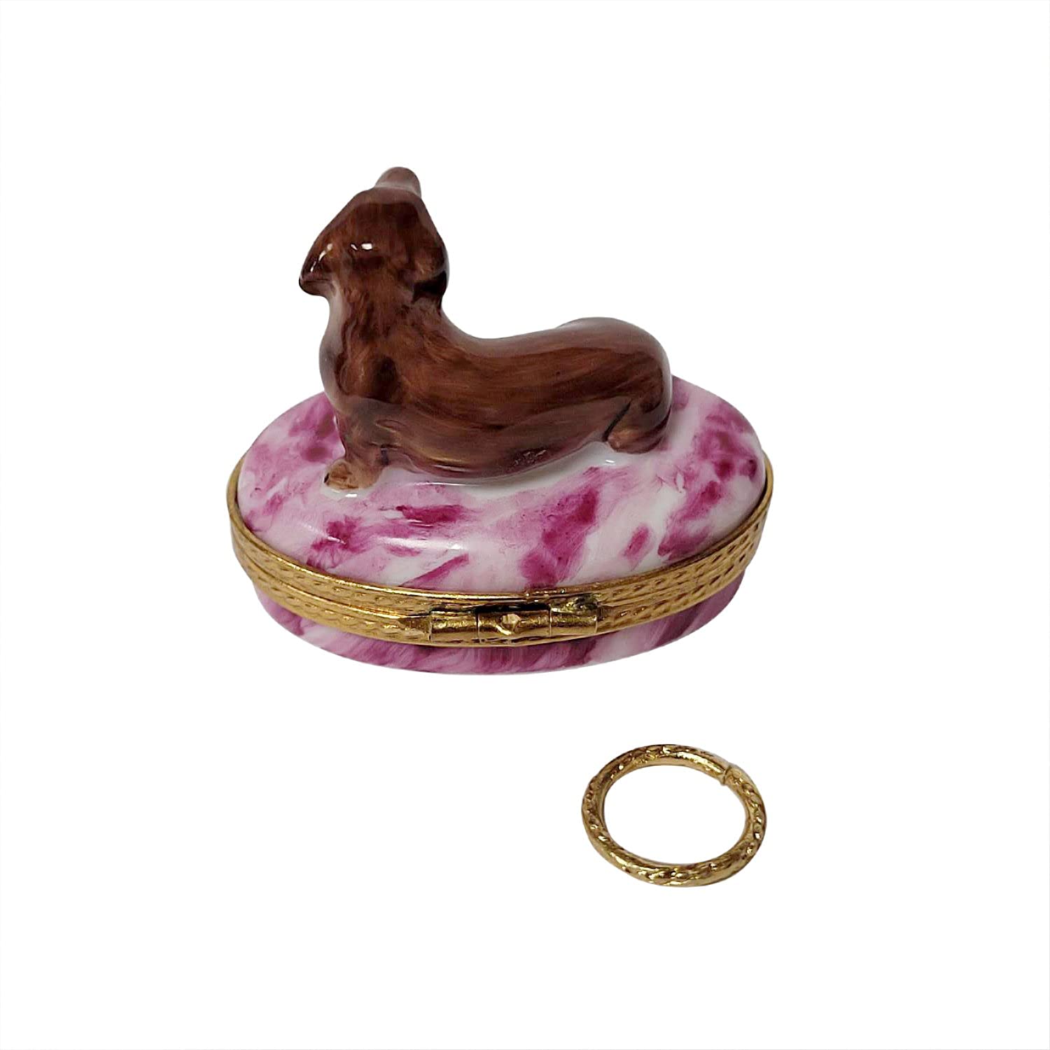 Limoges Porcelain Dachshund Trinket Box with Removable Brass Dog Collar - Hand-Painted Collectible Jewelry Storage | Perfect for Home Decor, Gift Giving & Keepsake Organization