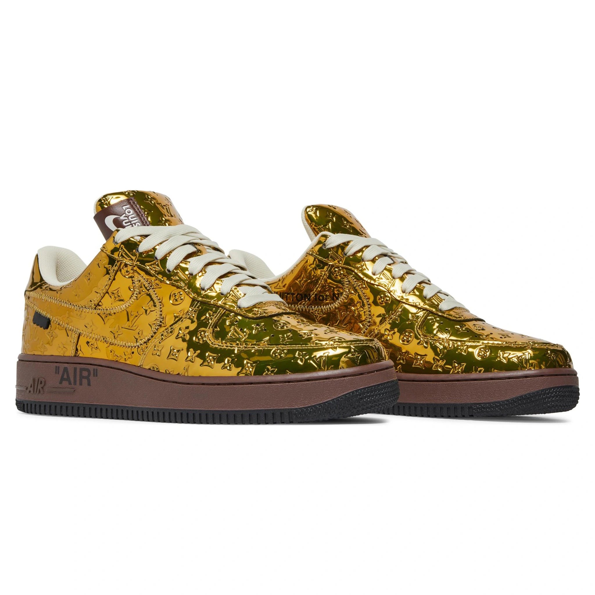 Authentic Louis Vuitton x Nike Air Force 1 Low Metallic Gold Sneakers - Limited Edition Luxury Collab for Men & Women | Perfect for Streetwear Fashion & Sneaker Collectors