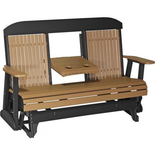 LuxCraft 5ft Cedar Recycled Plastic Highback Outdoor Glider Bench with Cup Holder - Weather-Resistant Patio Furniture for Garden, Deck, Porch Relaxation