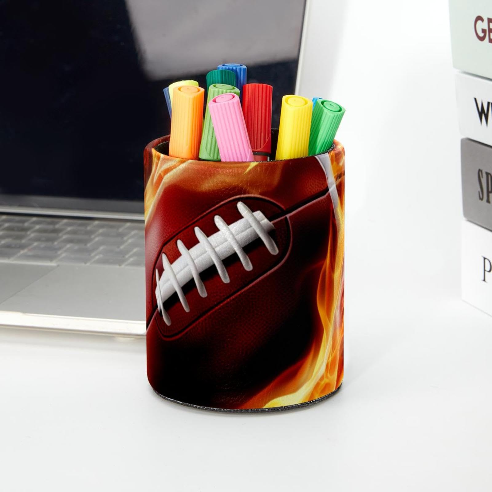 Desk Pen Holder & Pencil Organizer - American Football & Fire Design Office Supplies for Home, School, and Workplace Organization