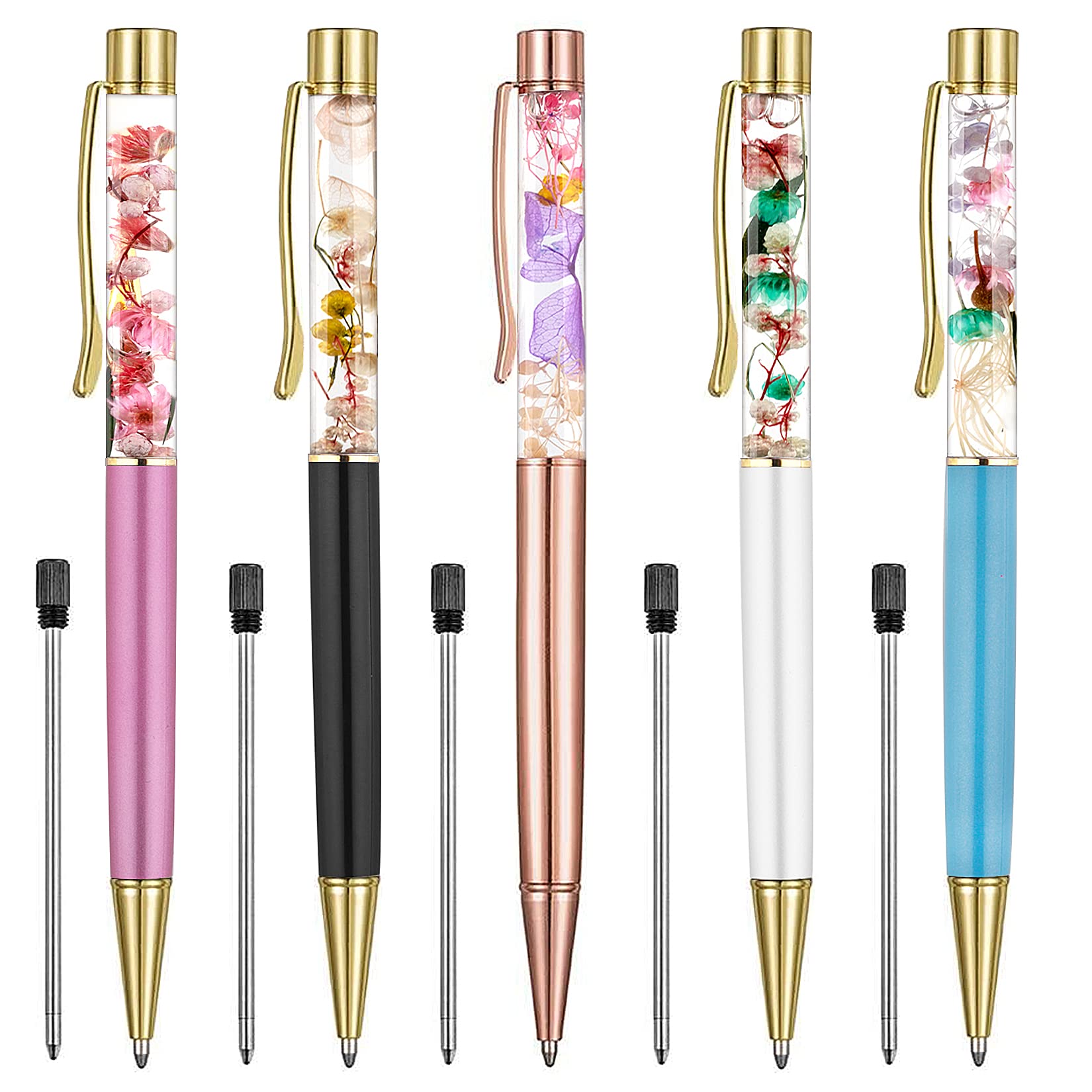 Fine Point Ballpoint Pens Set - 5 Pack (Purple, Black, Rose Gold, White, Blue) with Black Ink & Floral Design for Smooth Writing | Perfect for School, Office, Journaling & Mother's Day Gifts for Women