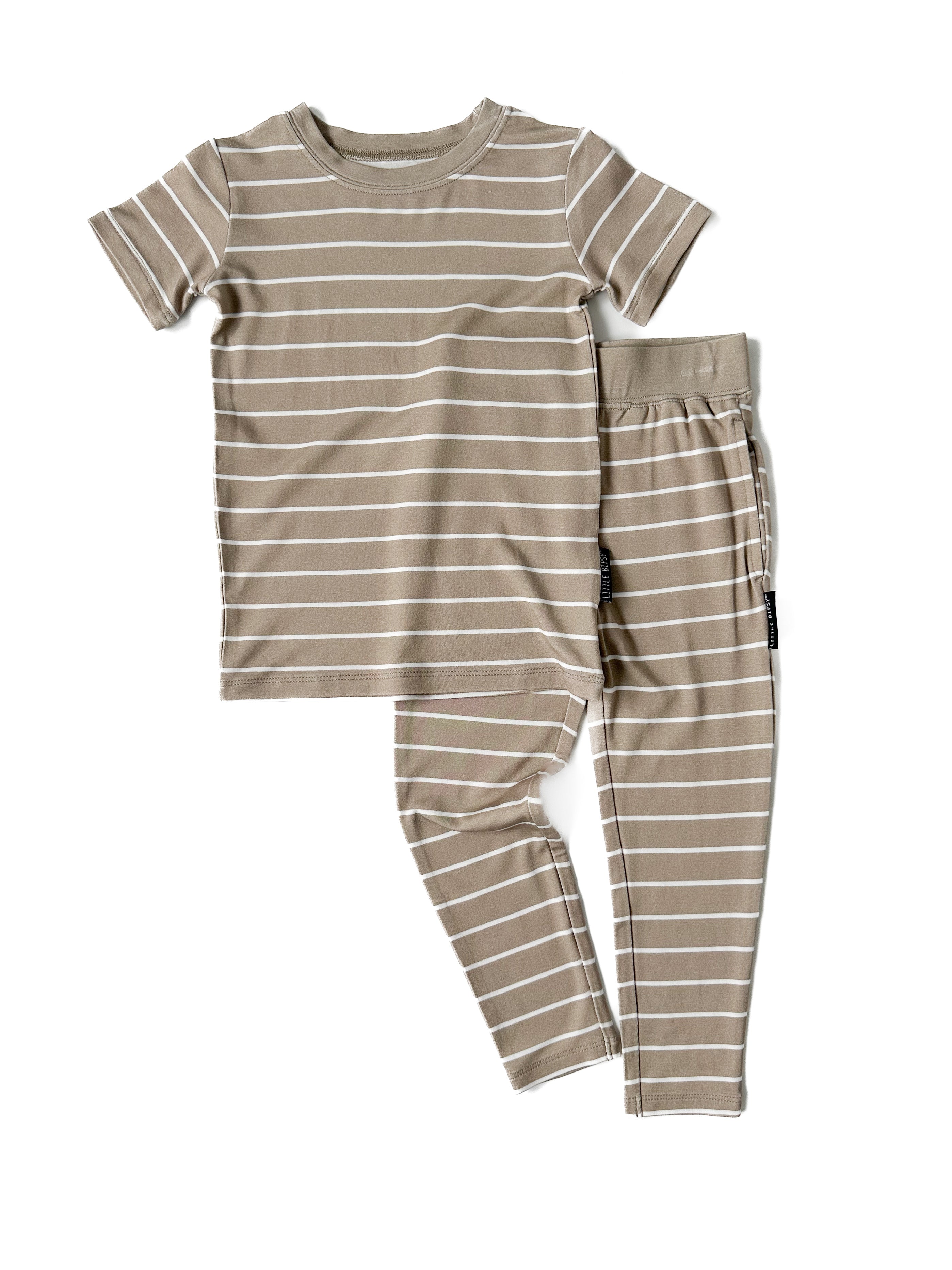 LB x Baby Breez Short Sleeve Pinstripe 2-Piece Pajama Set - Khaki Green & White Striped Cotton PJs for Boys & Girls - Cozy Sleepwear for Bedtime & Lounging