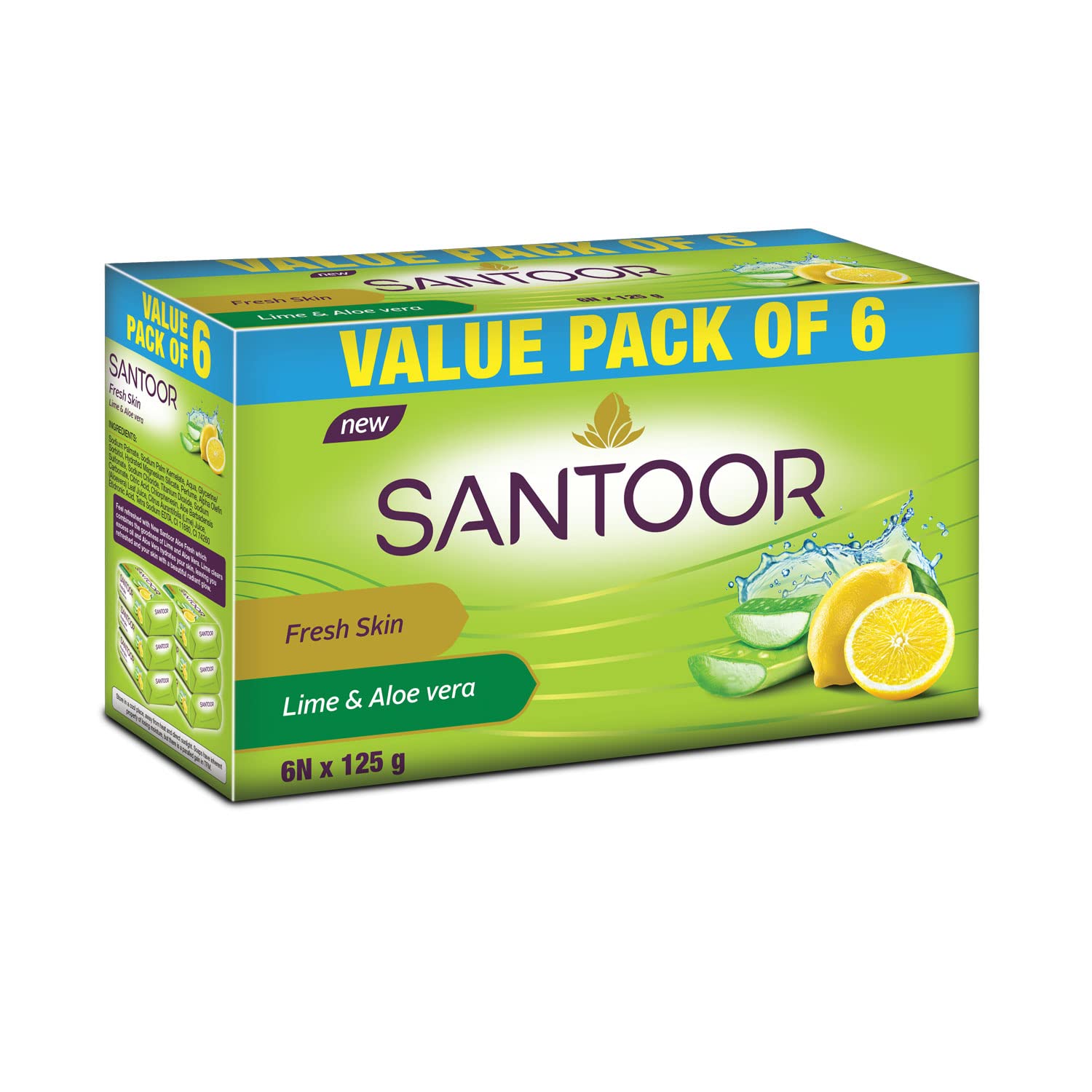 Santoor Aloe Fresh Soap 125g (Pack of 6) & Santoor Sandalwood Almond Milk Soap 125g (Buy 4 Get 1 Free) - Natural Skin Care for Dry & Sensitive Skin - Perfect for Daily Cleansing & Moisturizing