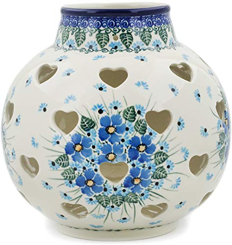 Handmade Polish Pottery 7-inch Votive Candle Holder - Ceramika Artystyczna Forget Me Not Design - Authentic Certificate Included | Perfect for Home Decor, Wedding Centerpieces & Holiday Candles
