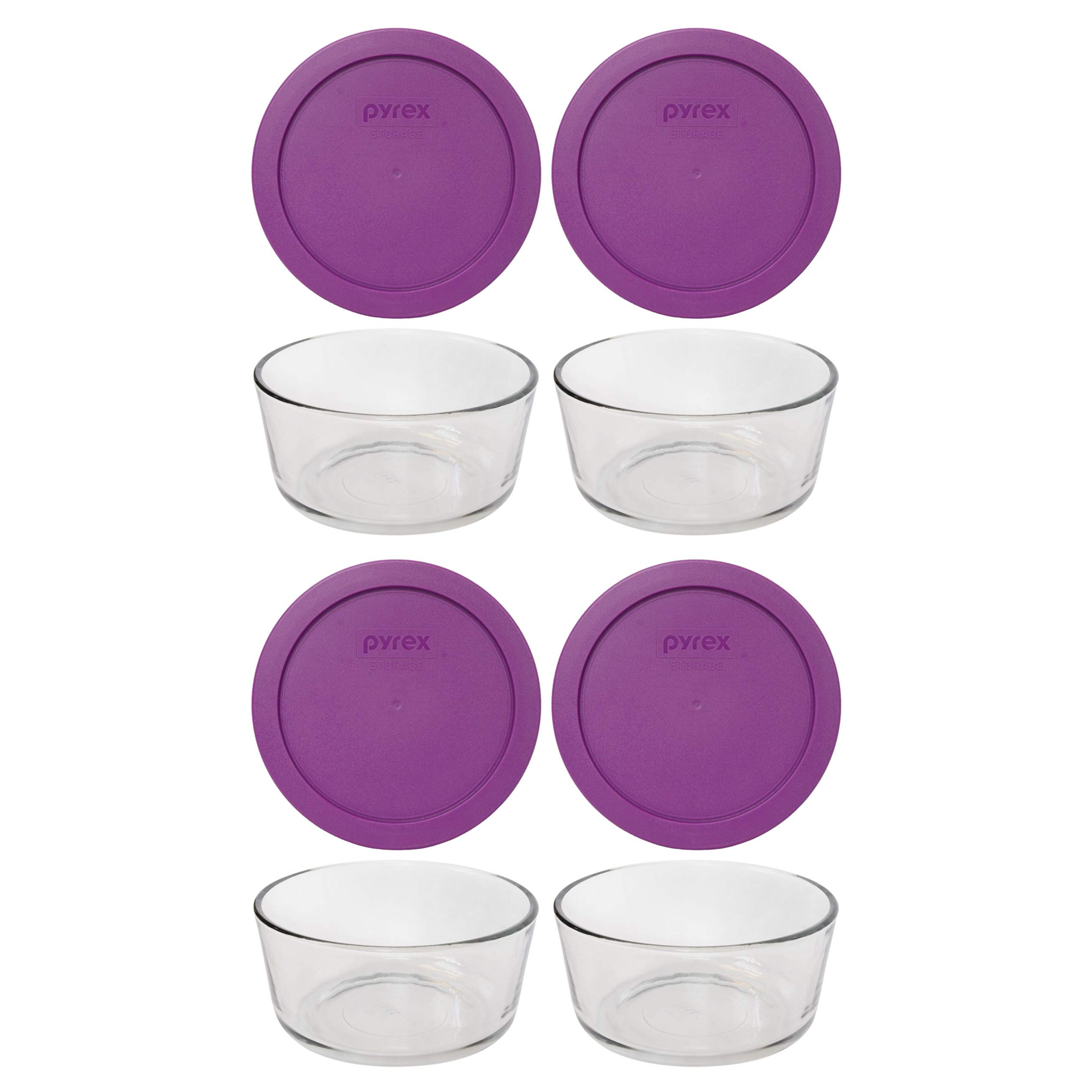 Pyrex 4-Cup Glass Storage Dishes with Purple Plastic Lids (Set of 4) – Made in USA | Microwave & Freezer Safe for Meal Prep & Leftovers