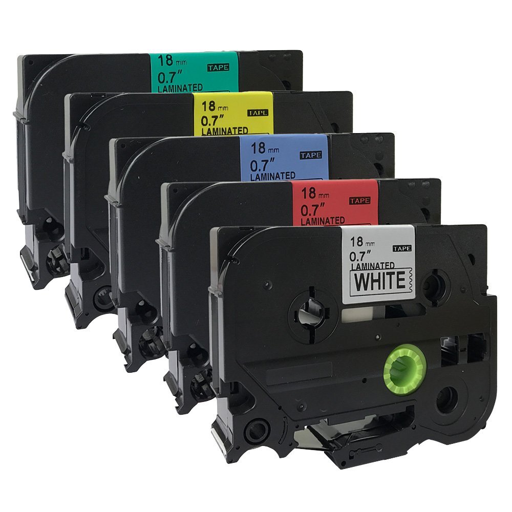 NEOUZA 5PK Brother P-Touch Compatible Label Tape Cartridge - TZe TZ 241 441 541 641 741 - 18mm x 8m Laminated Tape (Black Print on White/Red/Blue/Yellow/Green) - Ideal for Office Organization, Shipping Labels & Home Labeling