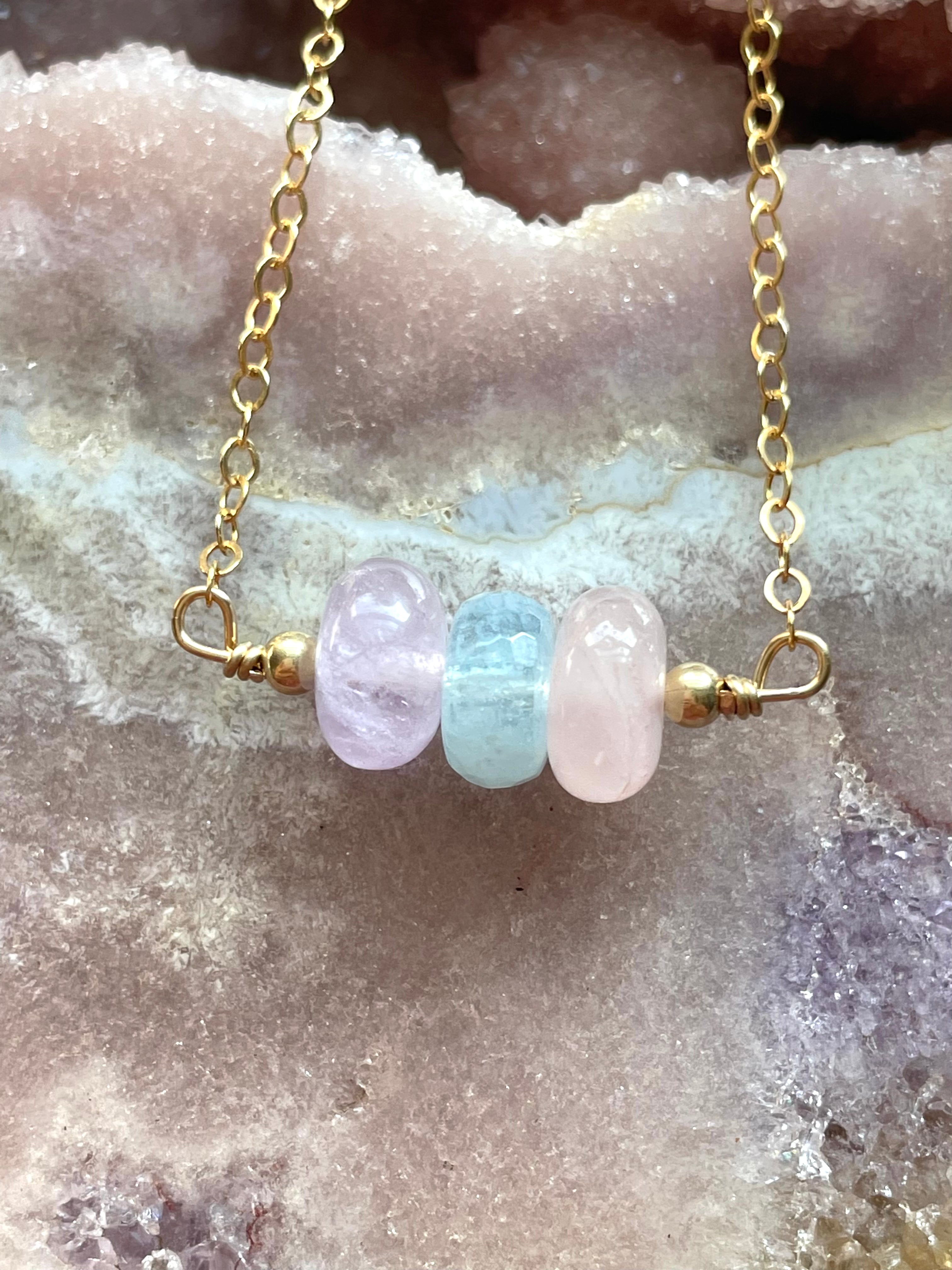 Amethyst Aquamarine Rose Quartz Gemstone Necklace - Silver or Gold Crystal Healing Jewelry for Women - Perfect for Meditation, Yoga & Spiritual Gifts