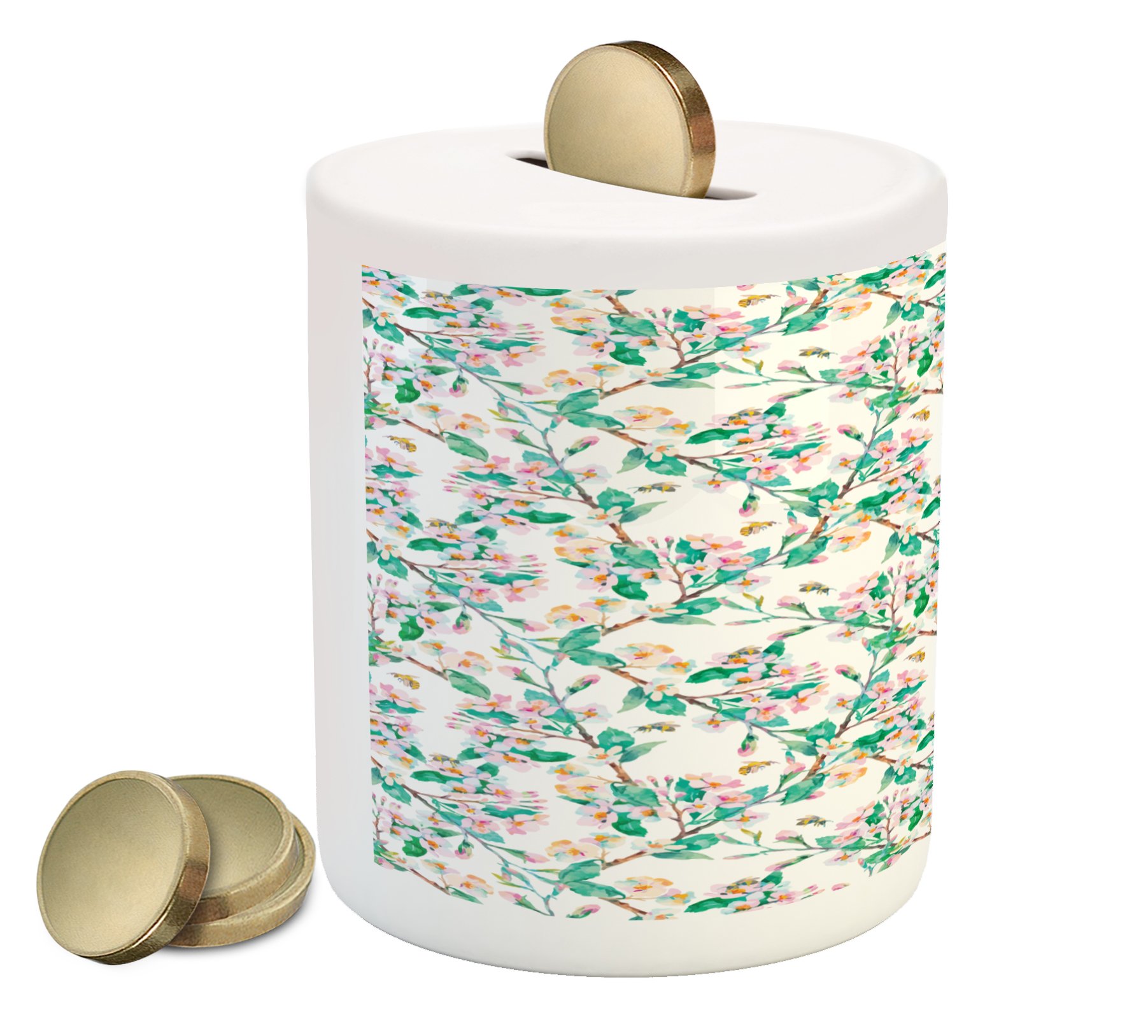 Ambesonne Ceramic Piggy Bank with Pink Cherry Blossoms & Bumble Bees - Japanese Spring Themed Money Box for Cash Savings (Pink & Green) - Perfect for Kids Room Decor, Birthday Gifts & Coin Collecting