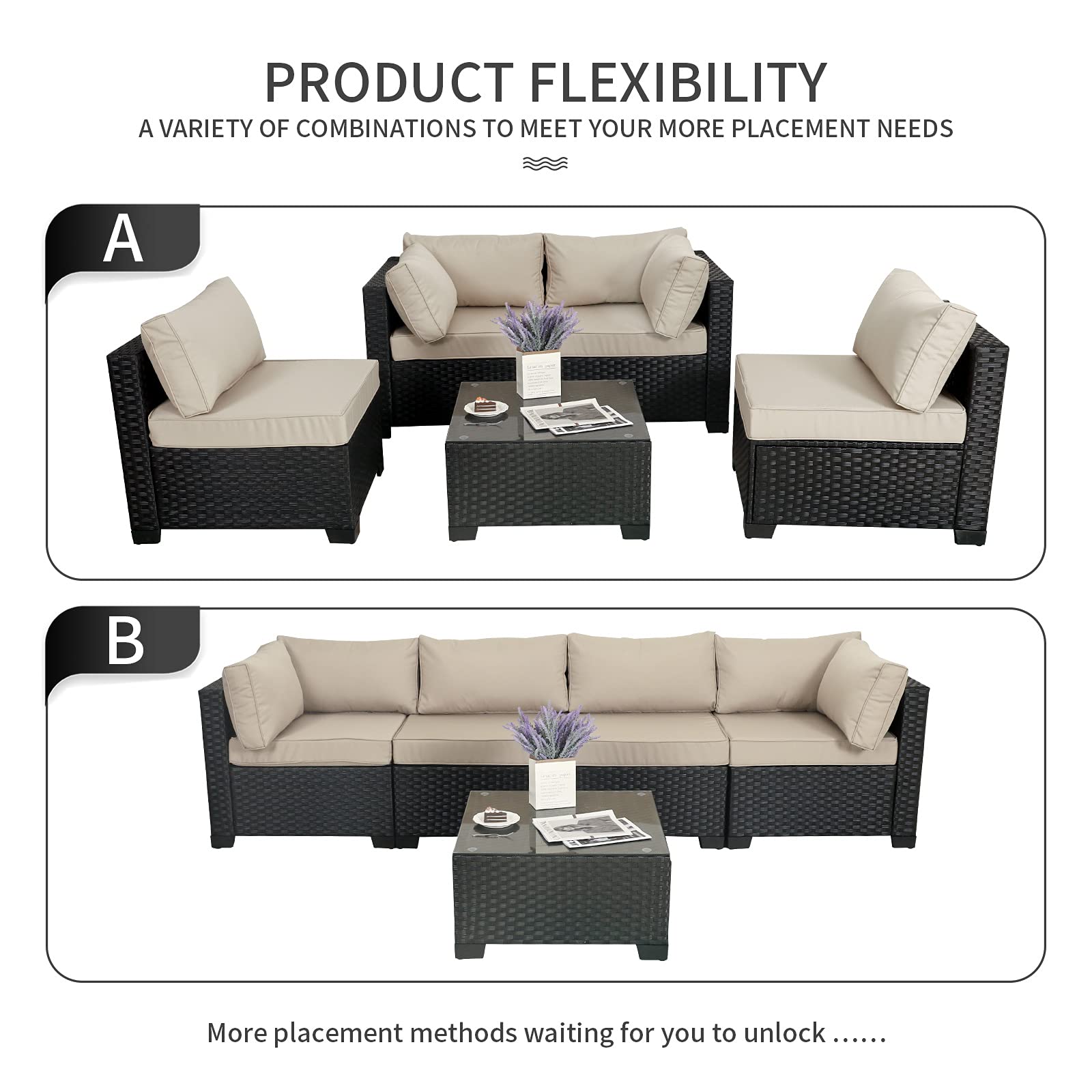 Outdoor Patio PE Wicker 5-Piece Furniture Set - Black Rattan Sectional Sofa with Coffee Table & Khaki Cushions | Durable All-Weather Wicker Conversation Set for Garden, Poolside, or Backyard Relaxation