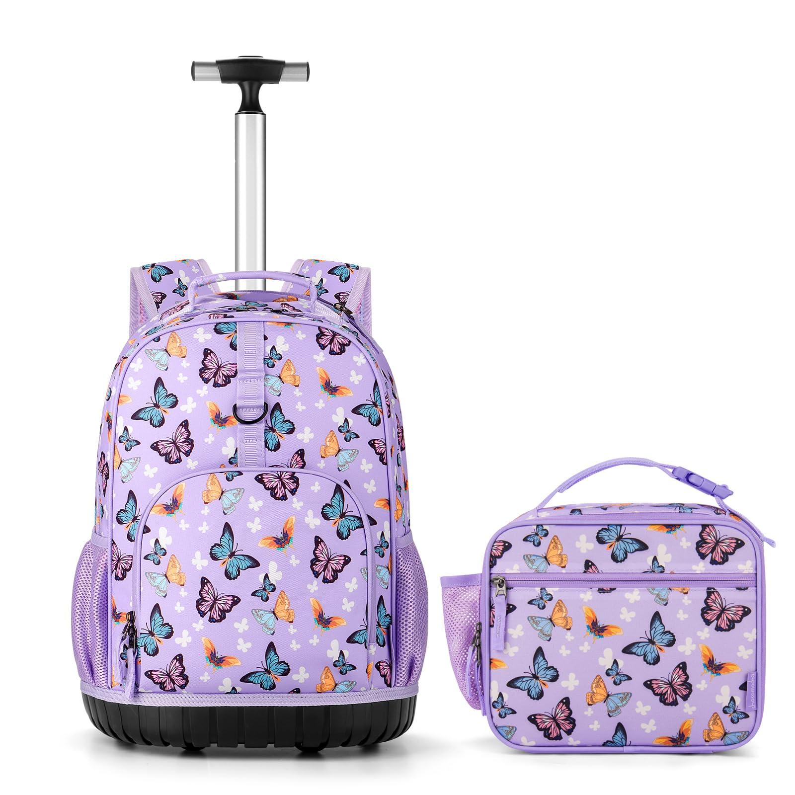 Choco Mocha 18 Inch Rolling Backpack for Girls - Kids Wheeled School Bookbag with Matching Lunch Box Set | Butterfly Purple Design | Perfect for Elementary School, Travel & Daily Use