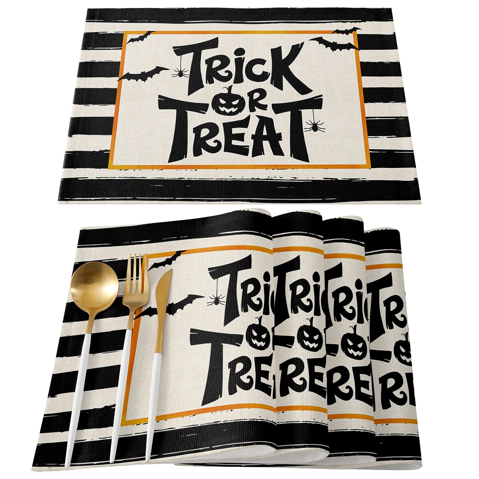 Halloween Pumpkin Bat Stripe Placemats Set of 4 - Washable & Durable Table Mats for Dining, Kitchen, Party, Wedding, and Holiday Decor - Perfect for Indoor and Outdoor Use