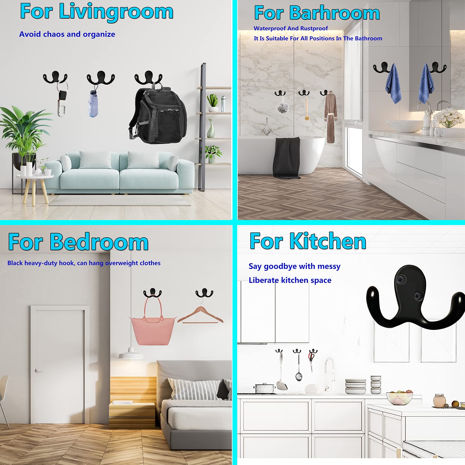 3 Pack Black Double Prong Wall Hooks - Heavy Duty Rustproof Bathroom & Kitchen Towel Hooks for Hanging Robes, Hats, Loofahs, Scarves & Bags - Perfect for Shower, Closet & Entryway Organization