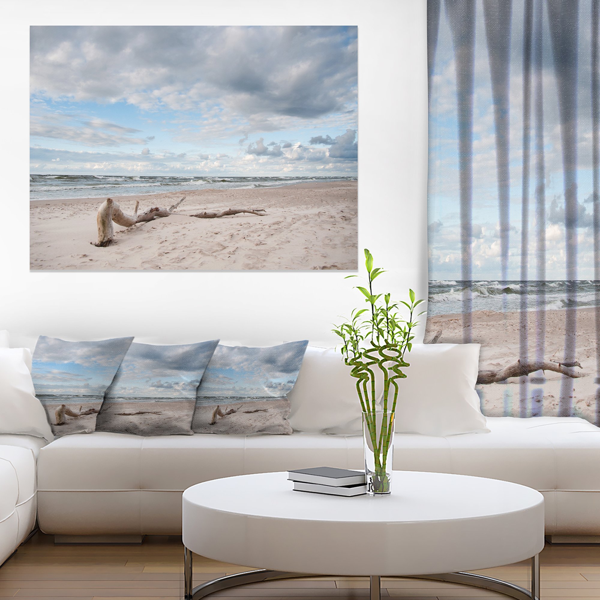 Large Piece of Wood on Beach Modern Seascape Canvas Art Print - Coastal Wall Decor for Living Room, Bedroom & Office