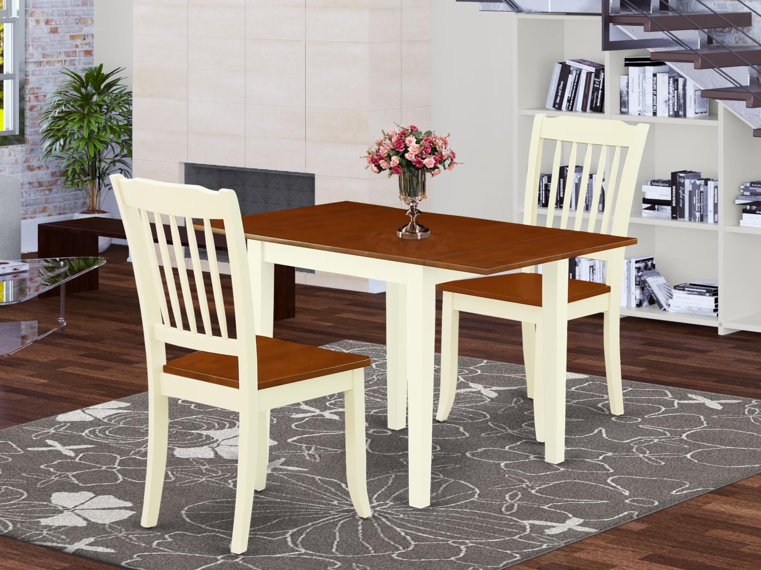 East West Furniture 3 Piece Dining Set - Rectangle Drop Leaf Table & 2 Wood Chairs, 30x48 Inch, Buttermilk & Cherry - Perfect for Small Spaces, Breakfast Nooks & Apartment Dining Areas
