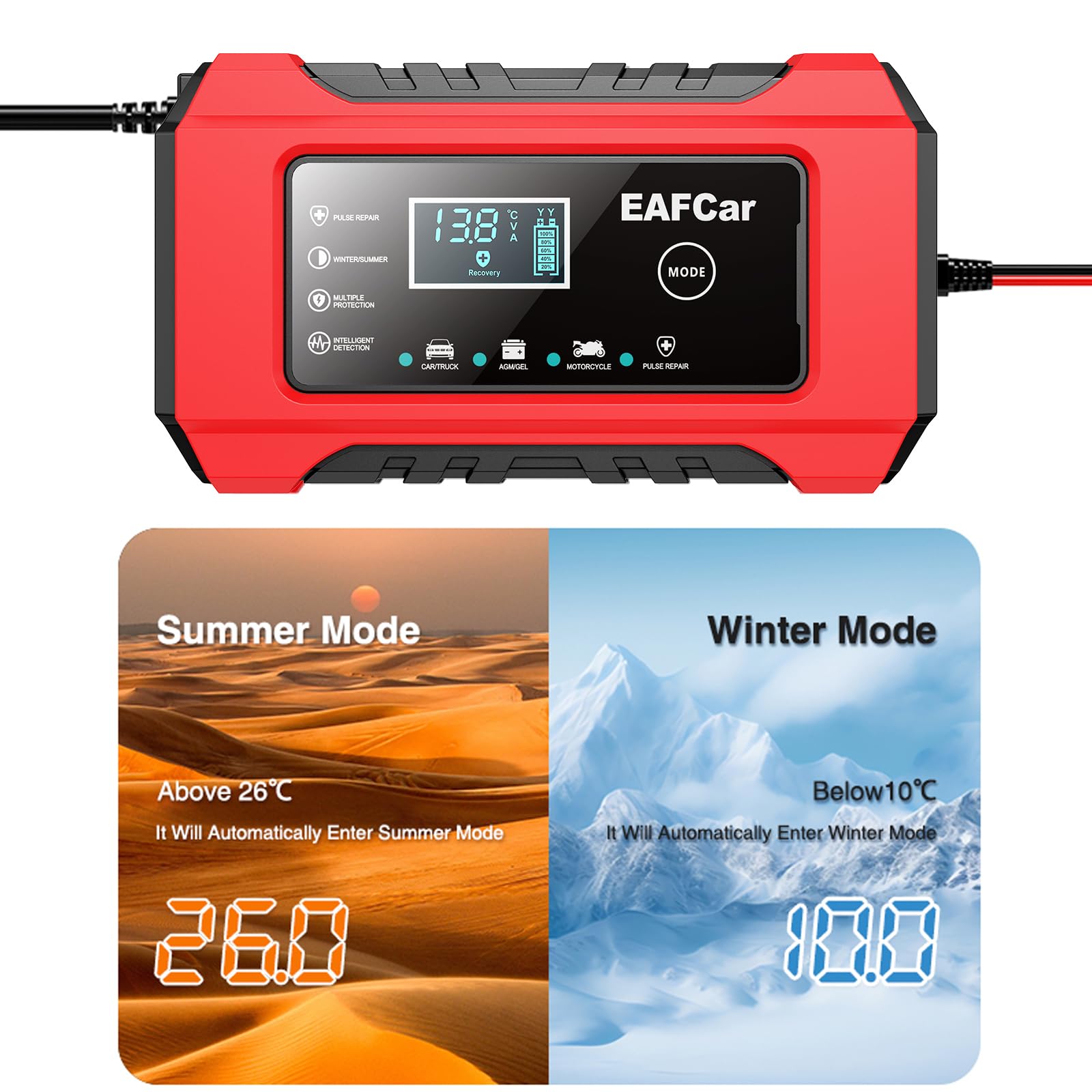 12V 6A Smart Automatic Car Battery Charger & Maintainer with Temperature Compensation - Lead Acid Battery Trickle Charger for Cars, Trucks, SUVs, Motorcycles & Marine Vehicles - Ideal for Winter Storage & Long-Term Maintenance