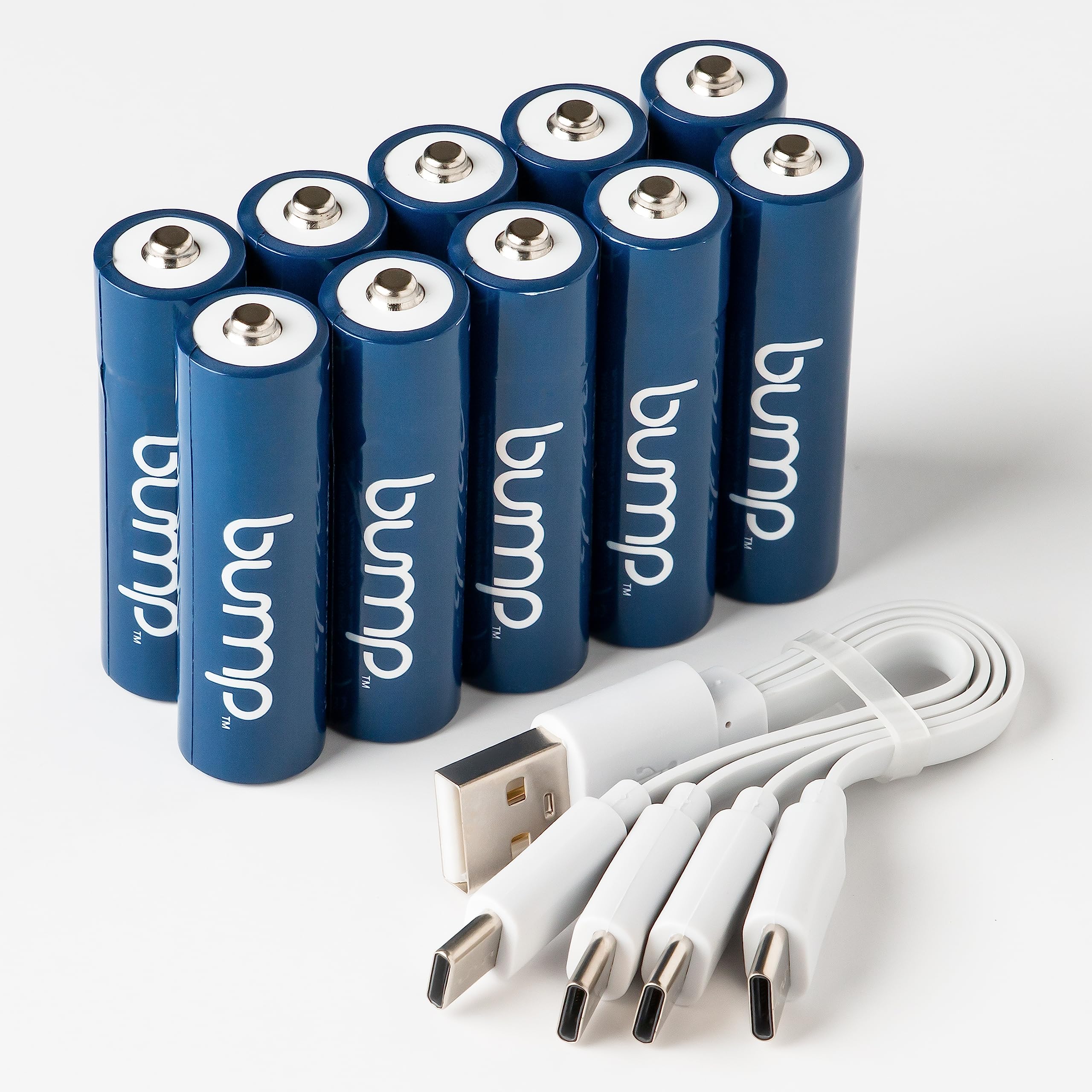 BUMP AA USB-C Rechargeable NiMH Batteries 10 Pack - Eco-Friendly Rechargeable Batteries with Fast Charging & Long Lasting Power - Perfect for Cameras, Game Controllers, Toys & Smart Home Devices - Includes 2 USB-C Charging Cables