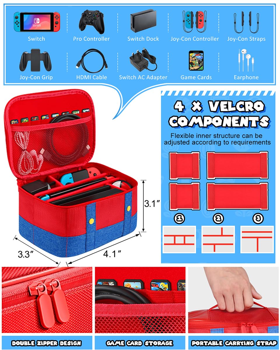 9-in-1 Nintendo Switch Travel Case Bundle - Protective Cover, Thumb Grips, Game Card Holder & Dock Sticker Wrap Accessories Storage Bag for Switch 2017 - Perfect for Travel, Gaming Parties & On-the-Go Protection